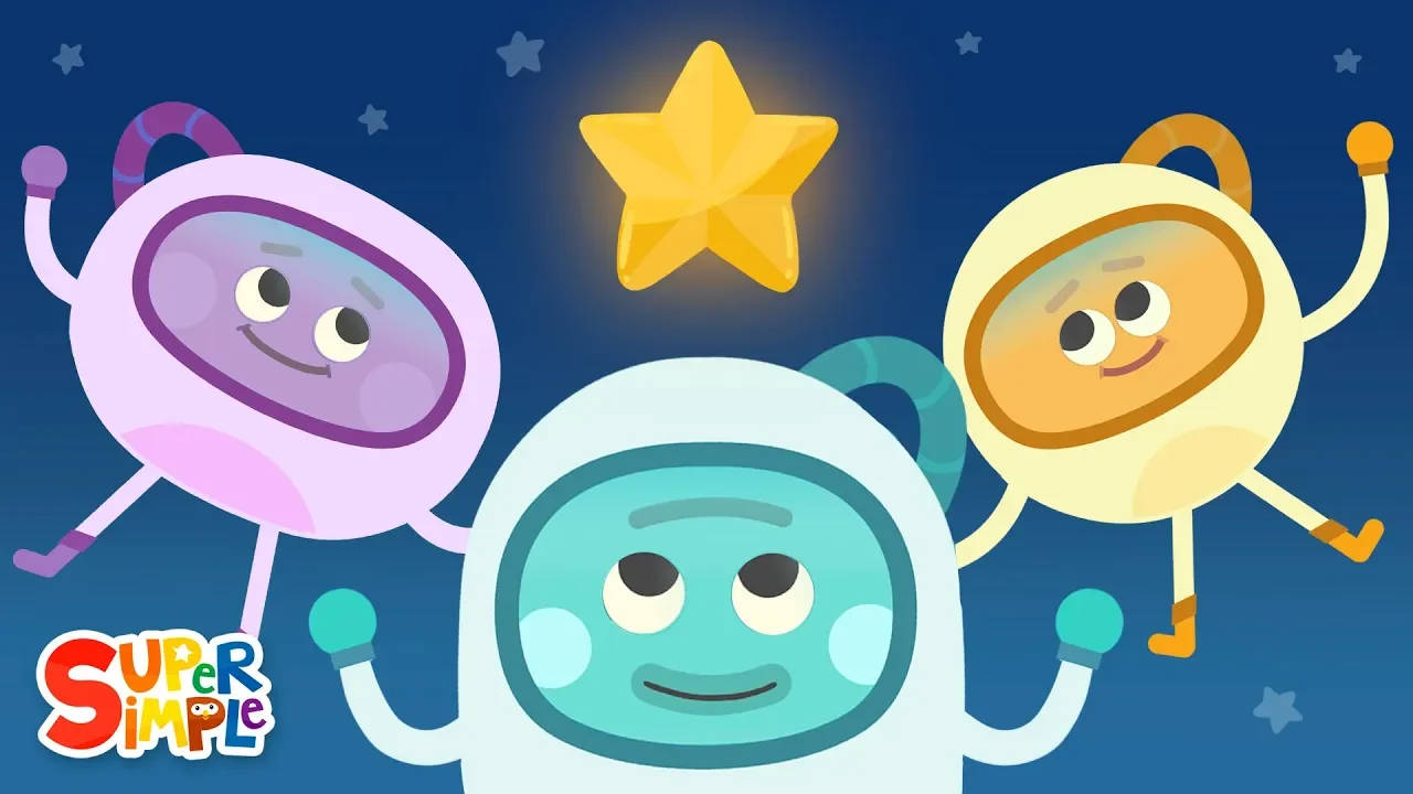 星星動圖 桌布 壁紙 — 三個快樂的卡通太空人在星空背景下，頭頂一顆發光的星星，在太空中愉快地漂浮。