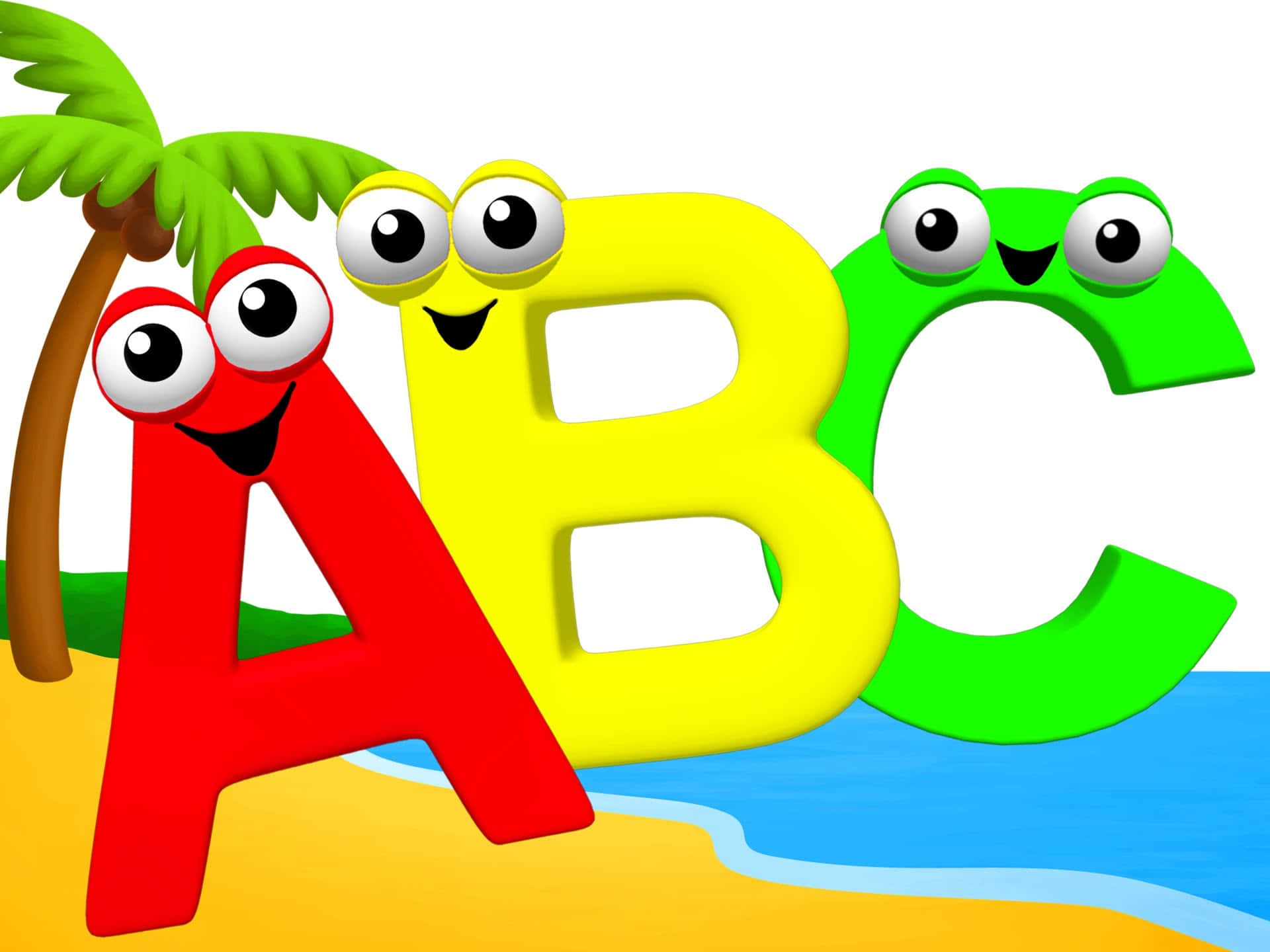 abc 桌布 壁紙 — 三個快樂的卡通字母 A B 和 C，帶有凸眼，站在陽光明媚的海灘上，旁邊有棕櫚樹和海洋。