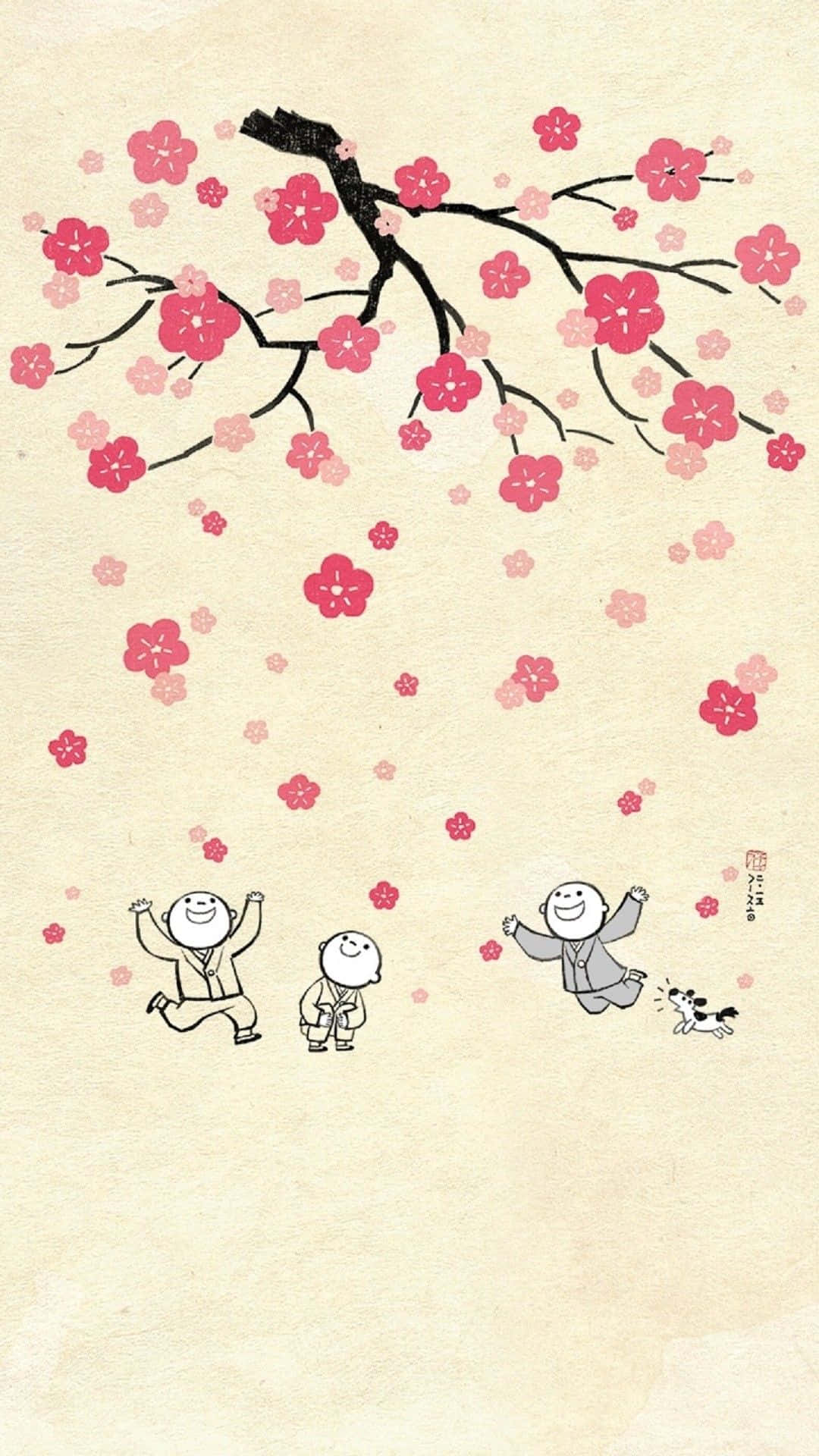 iPhone Simple Cute 桌布 壁紙 — 三個快樂的卡通小孩和一隻狗在開滿粉紅色花朵的櫻花樹下玩耍，背景是帶有紋理的米色。