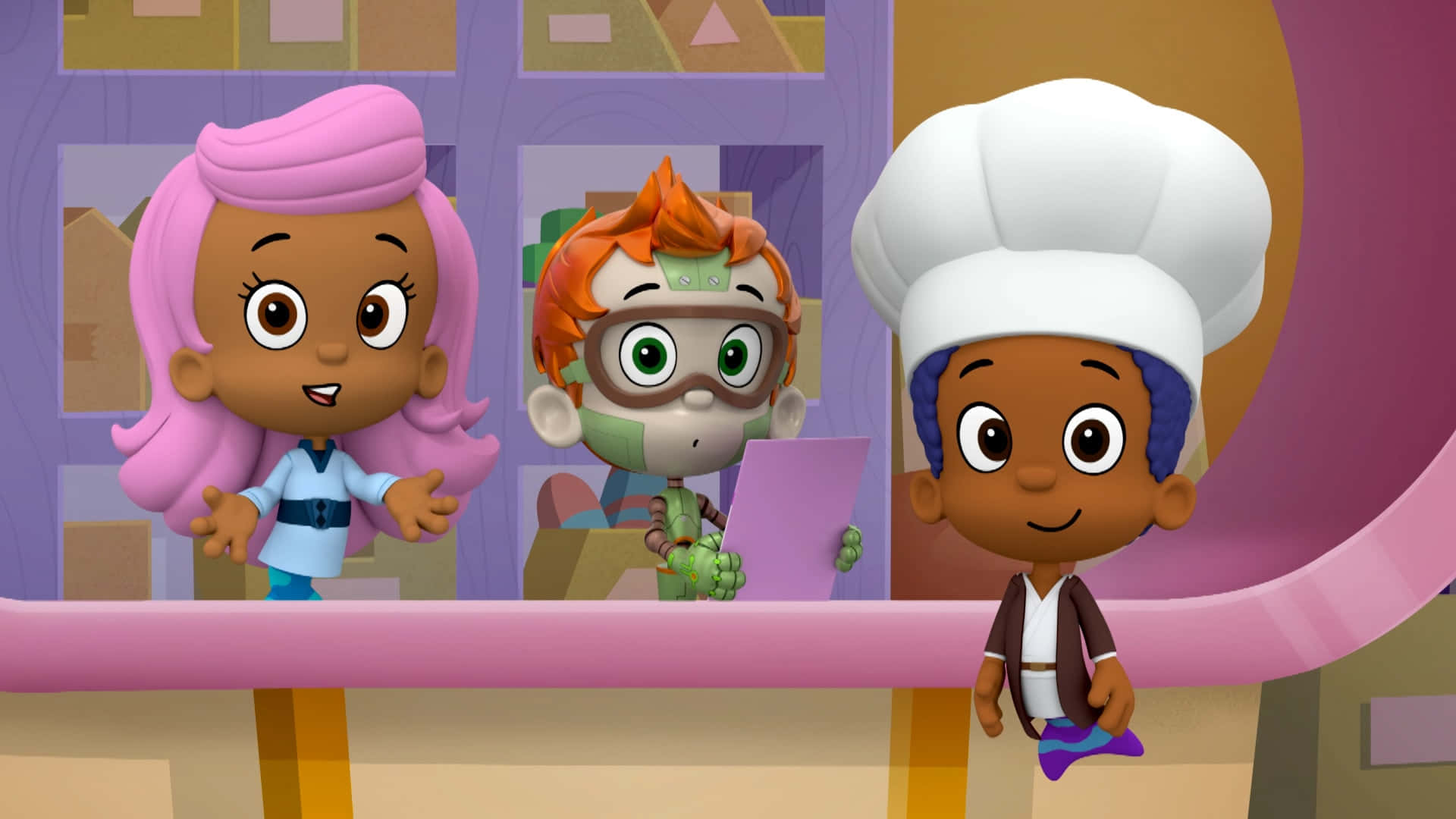 Bubble Guppies 桌布 壁紙 — 三個快樂的卡通小孩在色彩繽紛的廚房裡，其中一個戴著廚師帽。