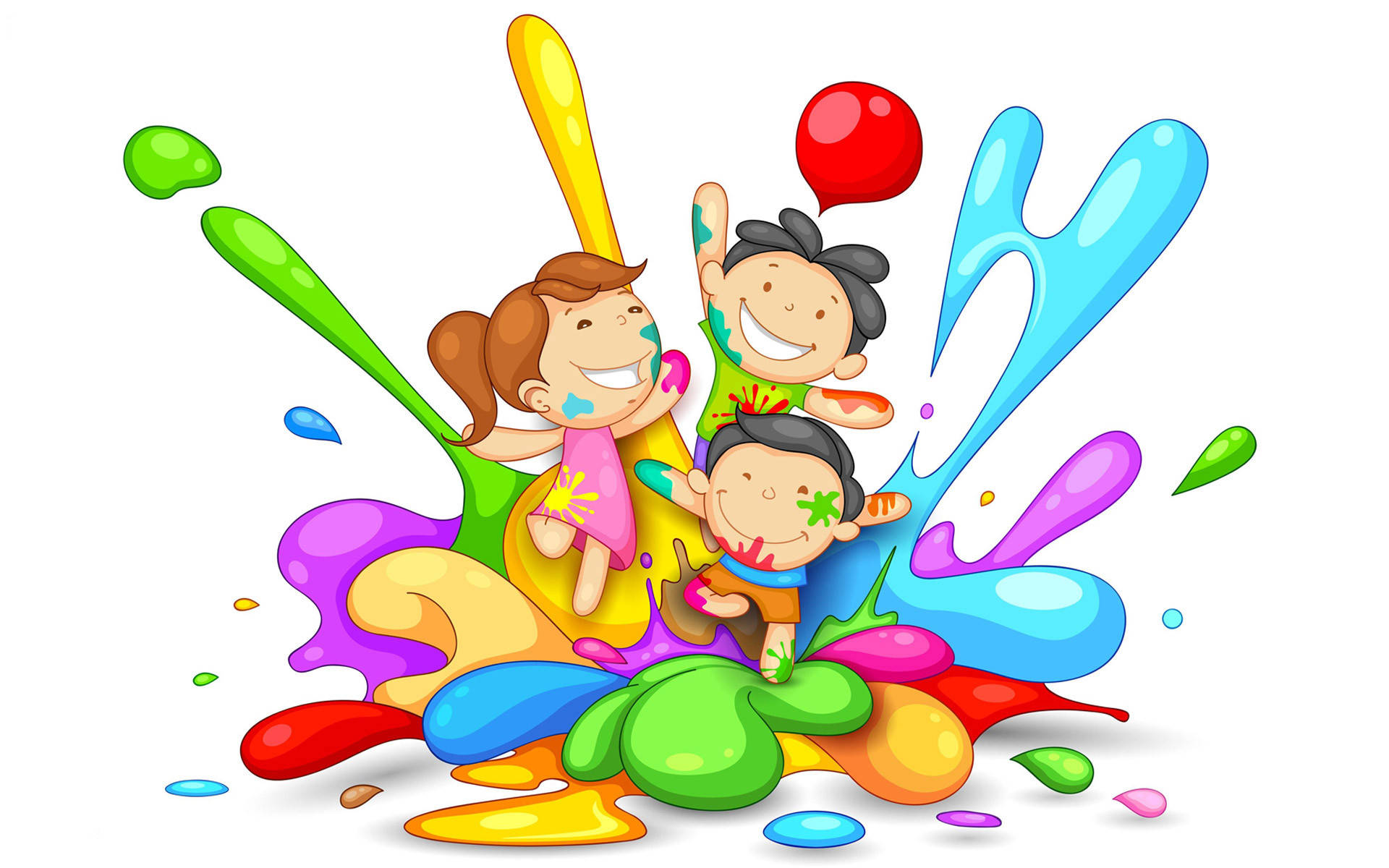 小孩動圖 桌布 壁紙 — 三個快樂的卡通小孩滿身顏料，在充滿活力的爆炸中快樂地潑灑彩色顏料。