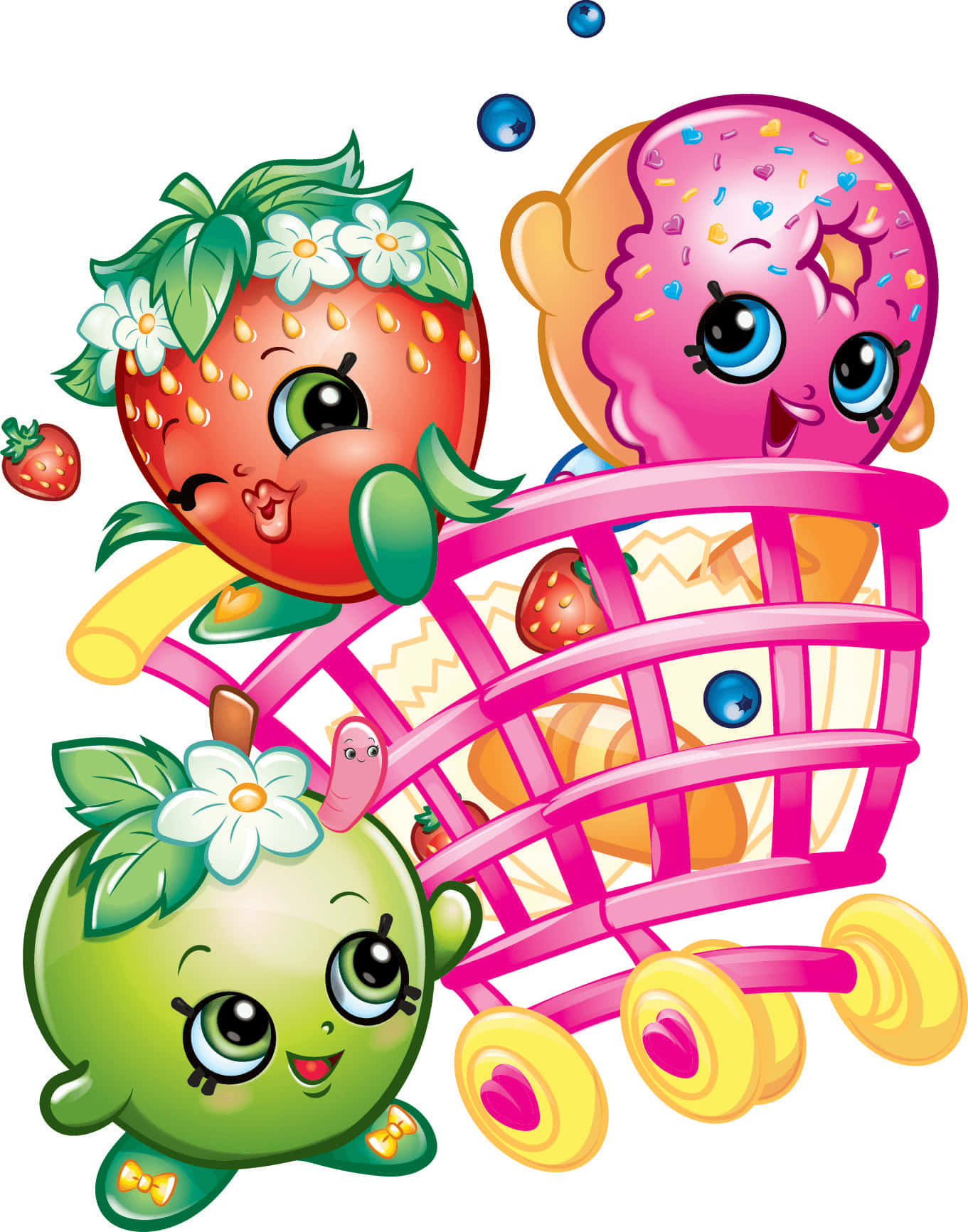 Shopkins 桌布 壁紙 — 三個快樂的卡通水果角色，帶有花朵和糖粒，坐在裝滿零食的粉紅色購物車中。