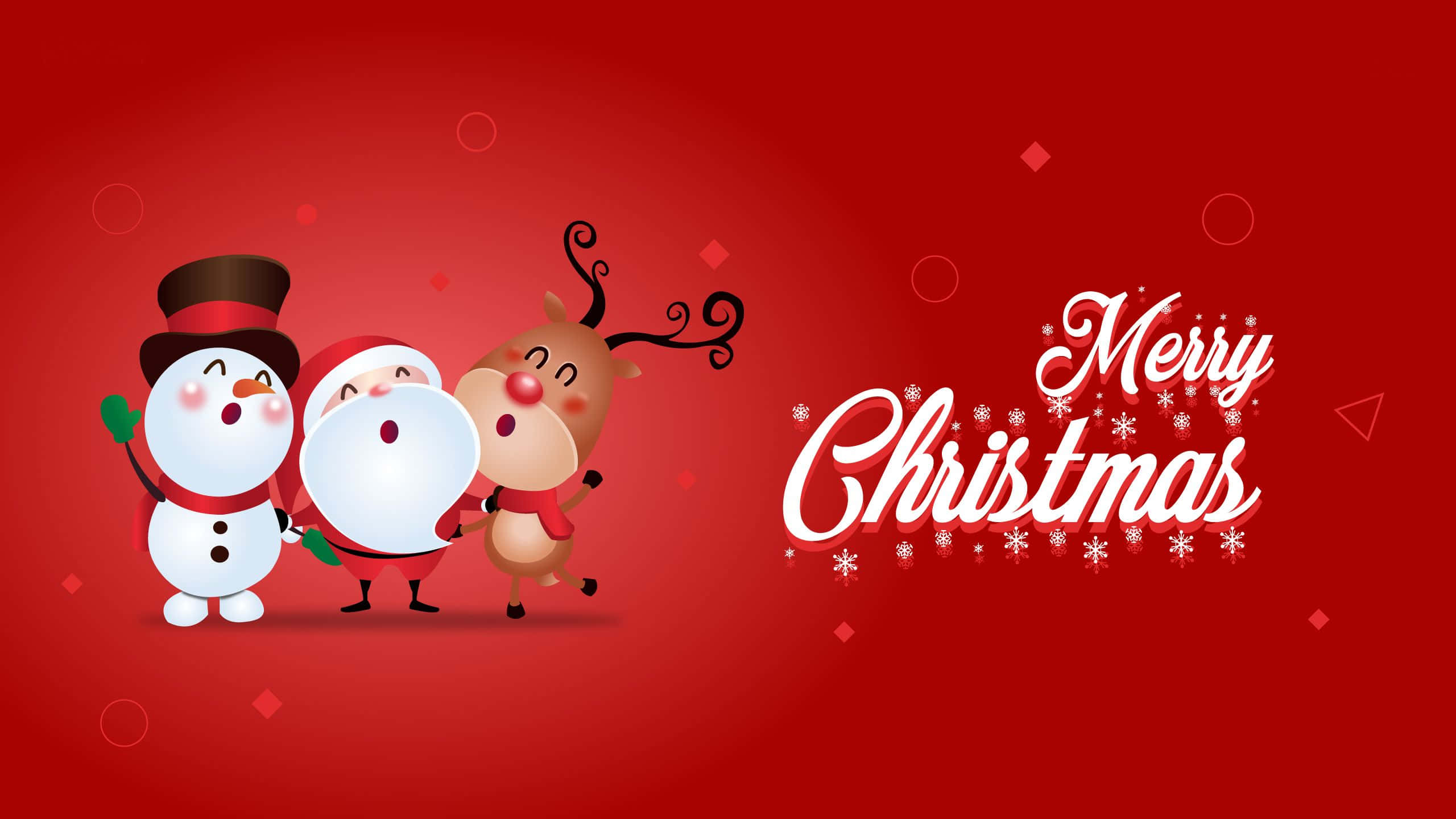 1920x1080 HD Christmas 桌布 壁紙 — 三個快樂的卡通角色雪人聖誕老人和馴鹿在節日紅色背景前歡快地跳舞，並帶有'Merry Christmas'文字。