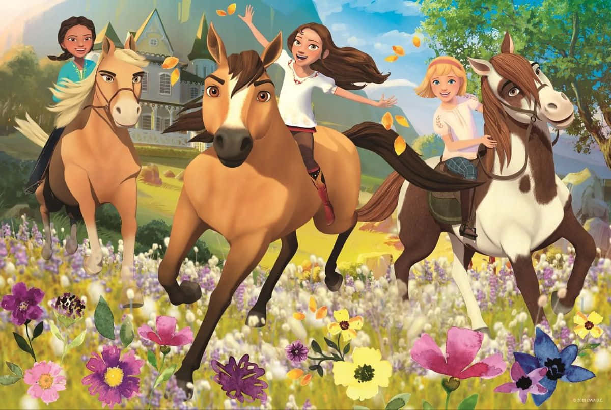 Animated 桌布 壁紙 — 三個快樂的女孩騎著活潑的馬匹，穿過陽光明媚、開滿五顏六色野花的草地。