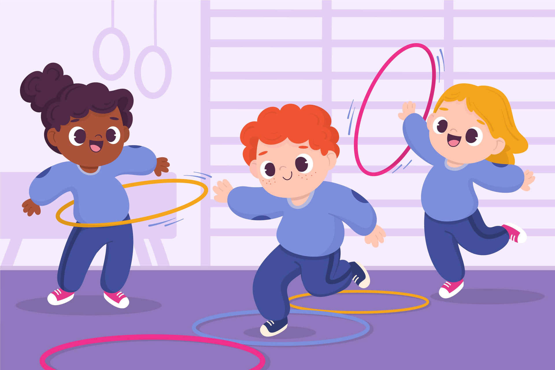 Physical Education 桌布 壁紙 — 三個快樂的孩子在體育館裡精力充沛地玩著色彩繽紛的呼拉圈，面帶微笑。