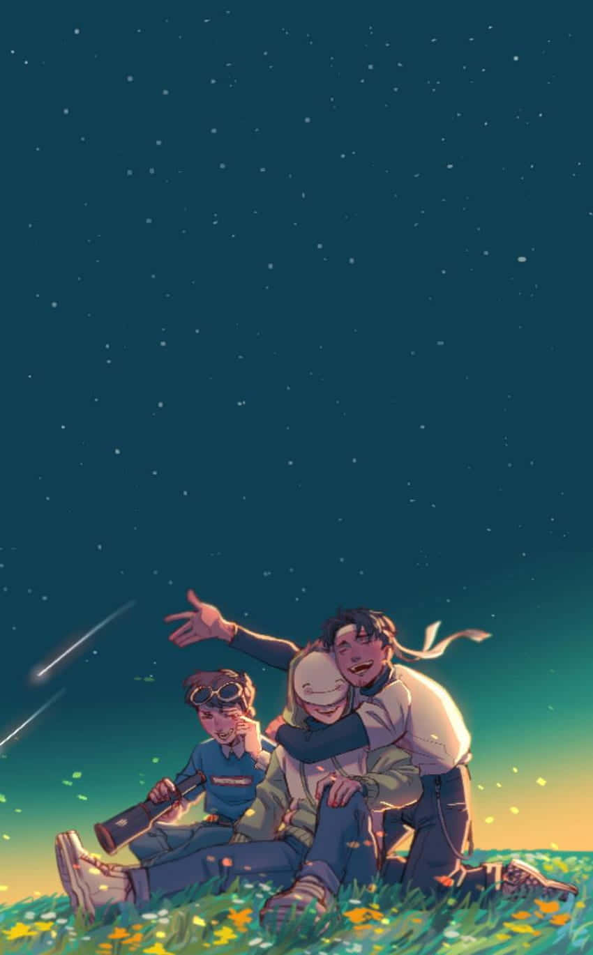 手機 桌布 壁紙 — 三個快樂的朋友在繁星點點的夜空下擁抱，一顆流星掠過黃花田上空。
