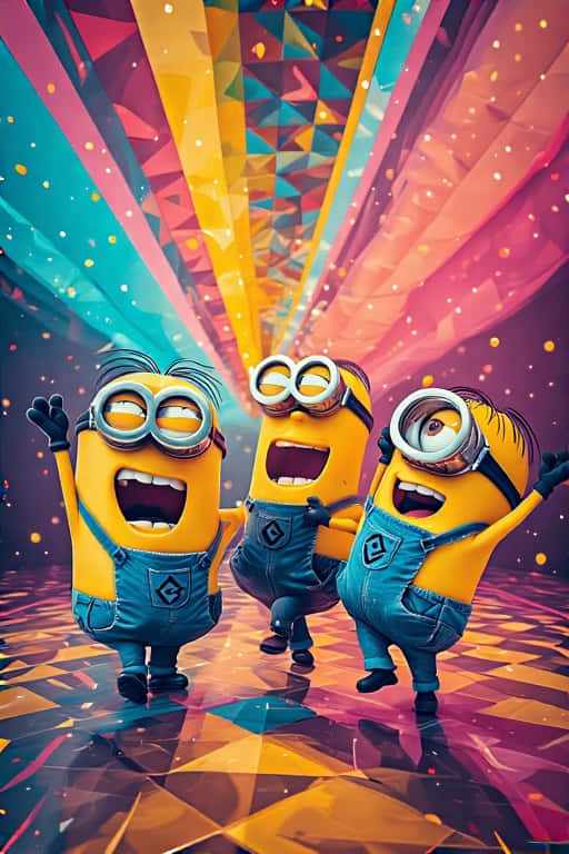 Minions Disco Wallpaper with Neon Lights and Geometric Patterns 壁紙 — 三個快樂的黃色小小兵穿著藍色工裝褲，在燦爛的幾何彩虹燈光秀下跳舞。