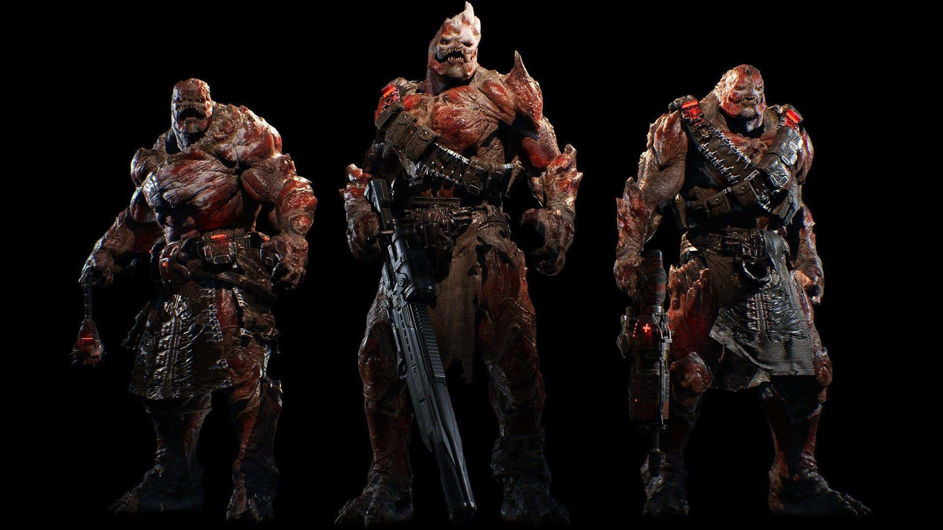 1920x1080 Gears Of War 5 桌布 壁紙 — 三個怪誕、肌肉發達的人形怪物，暴露的肉體和盔甲，在黑色背景下威風凜凜地站立。