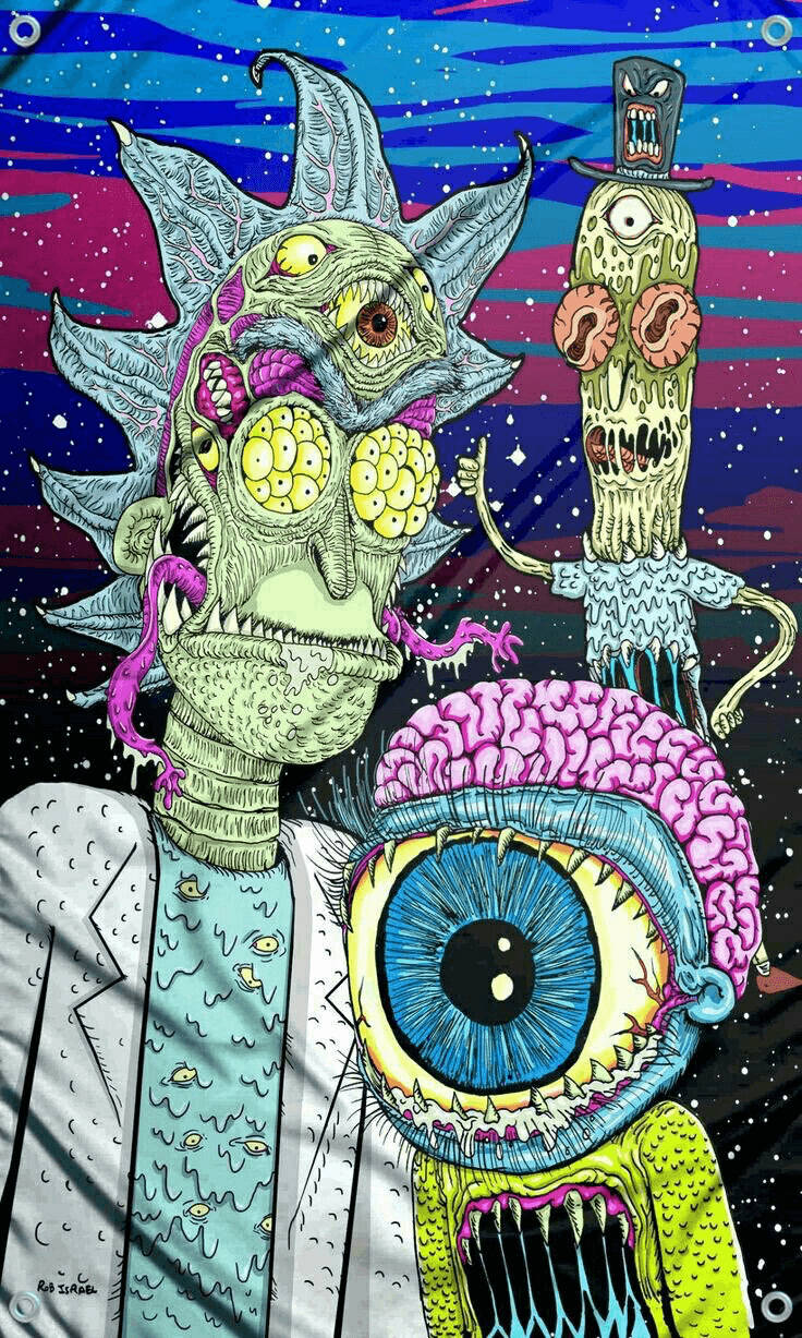 rick 桌布 壁紙 — 三個怪誕的外星生物，有多隻眼睛和超現實的解剖結構，漂浮在宇宙星空背景上。