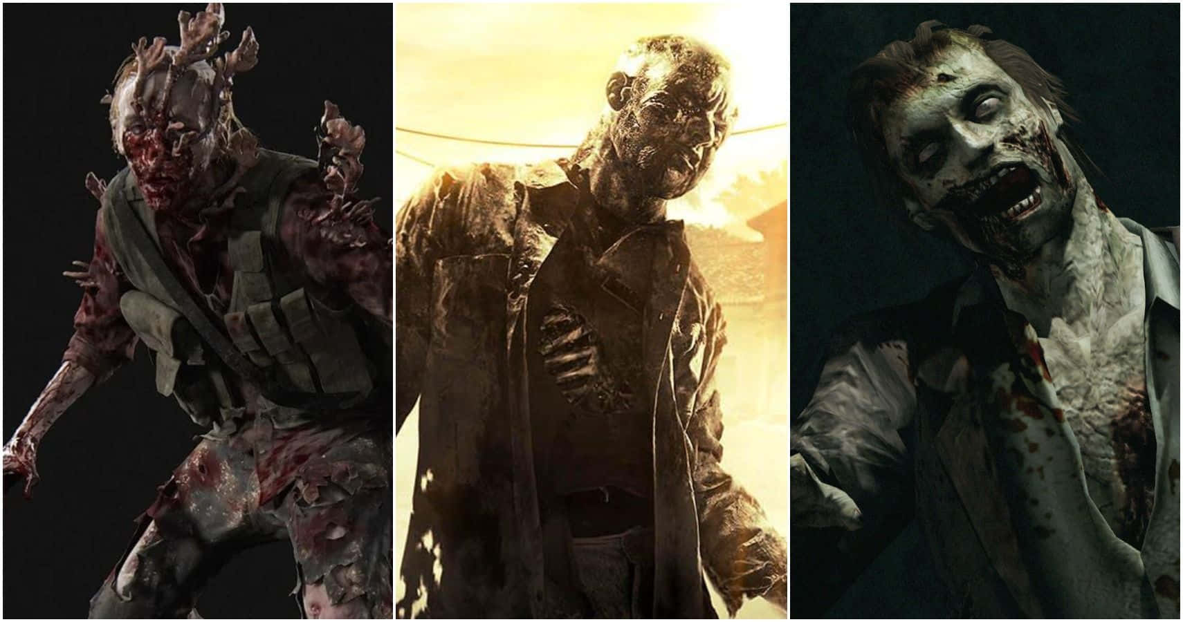 Scary Zombie 桌布 壁紙 — 三個怪誕的殭屍，腐爛的肉體和破爛的衣服，站在陰森、昏暗的場景中。