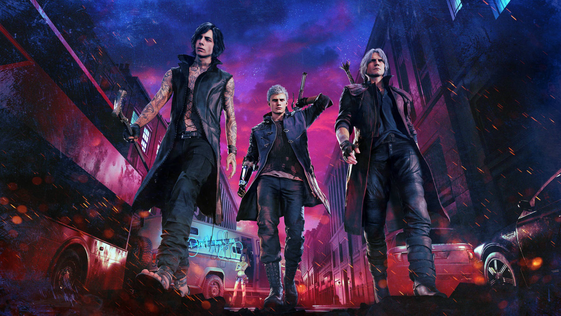 Devil May Cry 5 桌布 壁紙 — 三個惡魔獵人在風暴紫色天空下，挑釁地站在霓虹燈閃爍的城市小巷中。