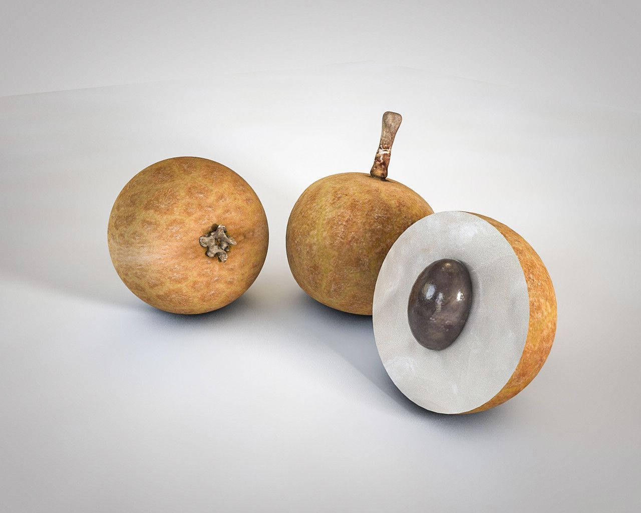 Fruits 桌布 壁紙 — 三個成熟的沙巴果，其中一個切開，露出奶油白色的果肉和深色種子，放在乾淨的白色表面上。