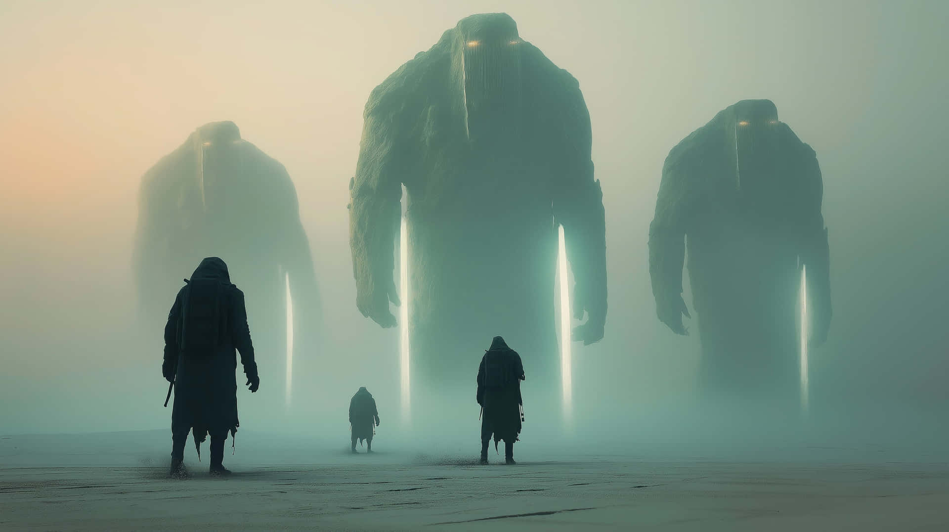 Surreal Encounter with Glowing Humanoid Giants in Fog 壁紙 — 三個戴兜帽的人影站在霧中，面對著荒涼景觀中三座巨大的發光眼睛雕像。