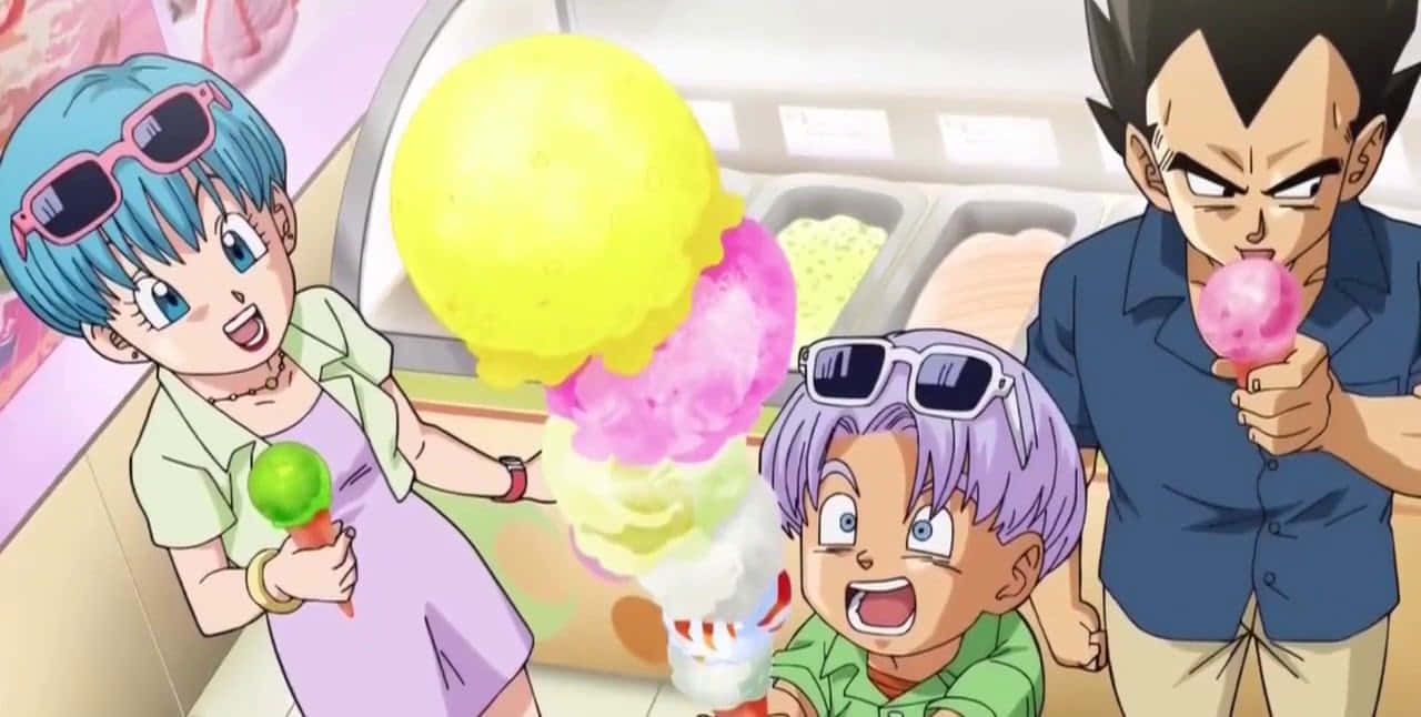 Vegeta's Family 桌布 壁紙 — 三個戴太陽眼鏡的動漫角色在明亮的店鋪裡愉快地吃著色彩繽紛的冰淇淋。