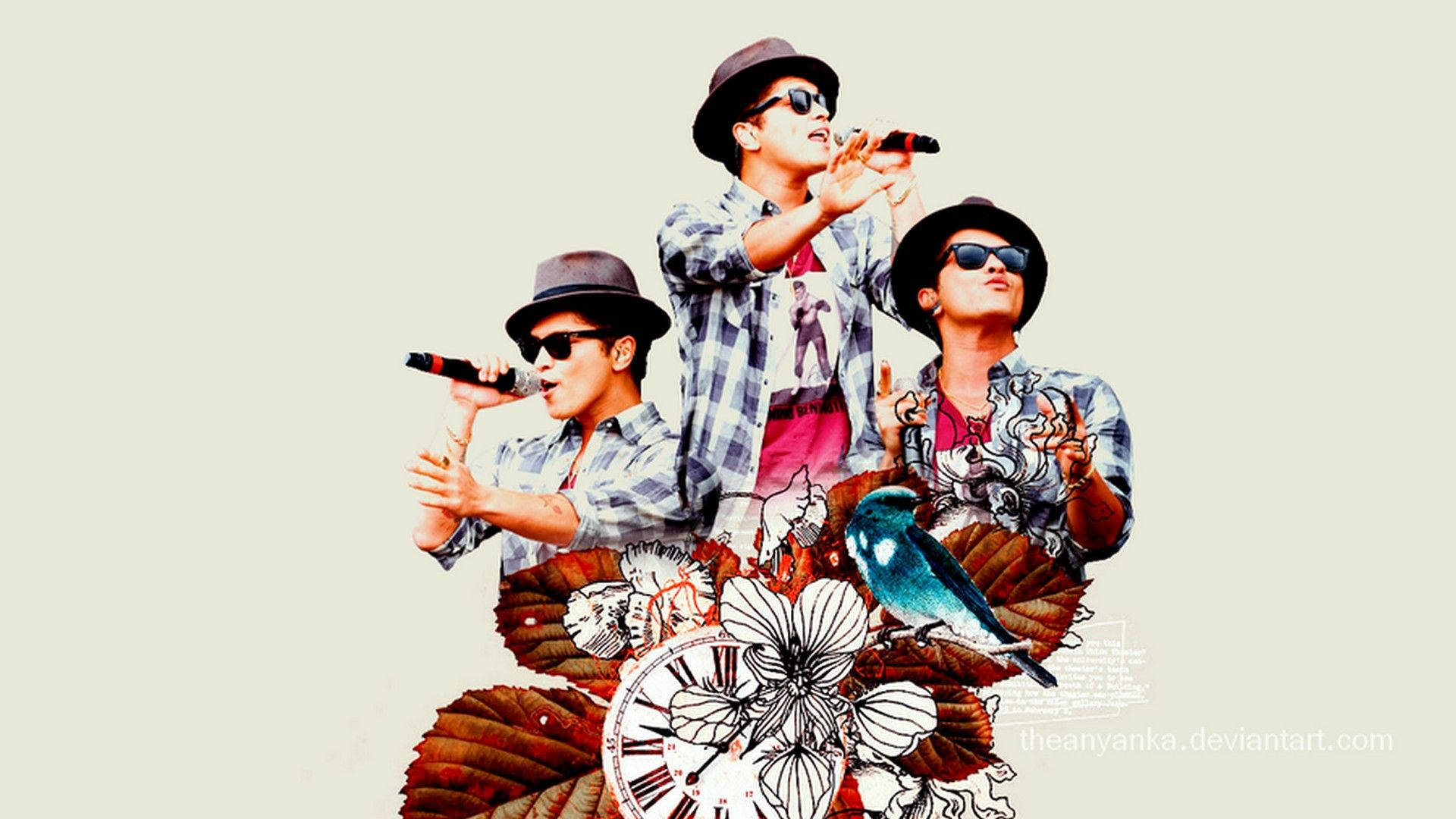 Bruno Mars 桌布 壁紙 — 三個戴帽和太陽眼鏡的男人在花、時鐘和鳥的拼貼畫上對著麥克風唱歌。