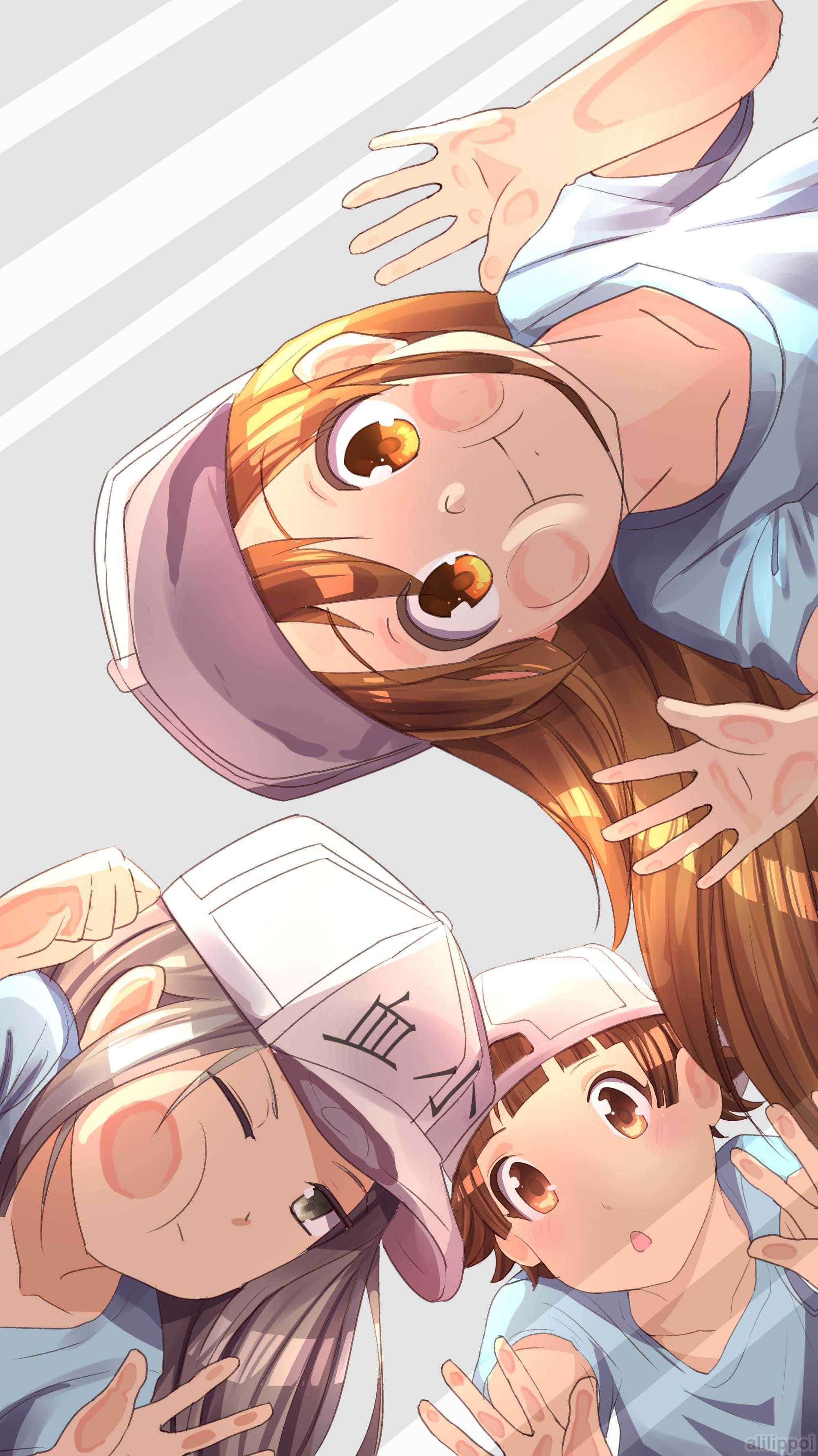 Uzaki Chan 桌布 壁紙 — 三個戴帽子的動漫女孩在條紋背景前露出驚訝的表情向上看。