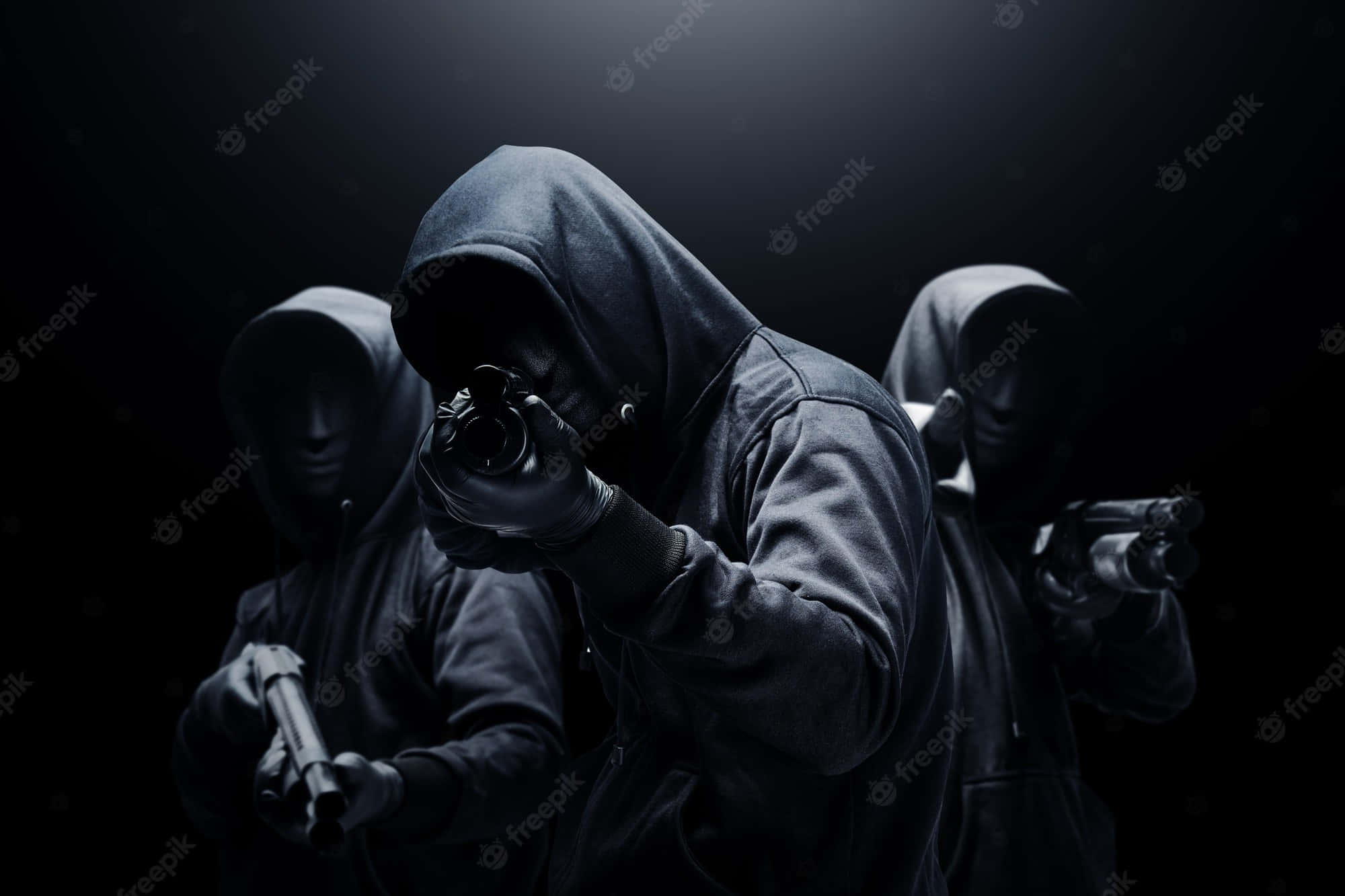 Man 桌布 壁紙 — 三個戴帽子的身影穿著深色衣服，在戲劇性的聚光燈下對黑色背景瞄準槍支。