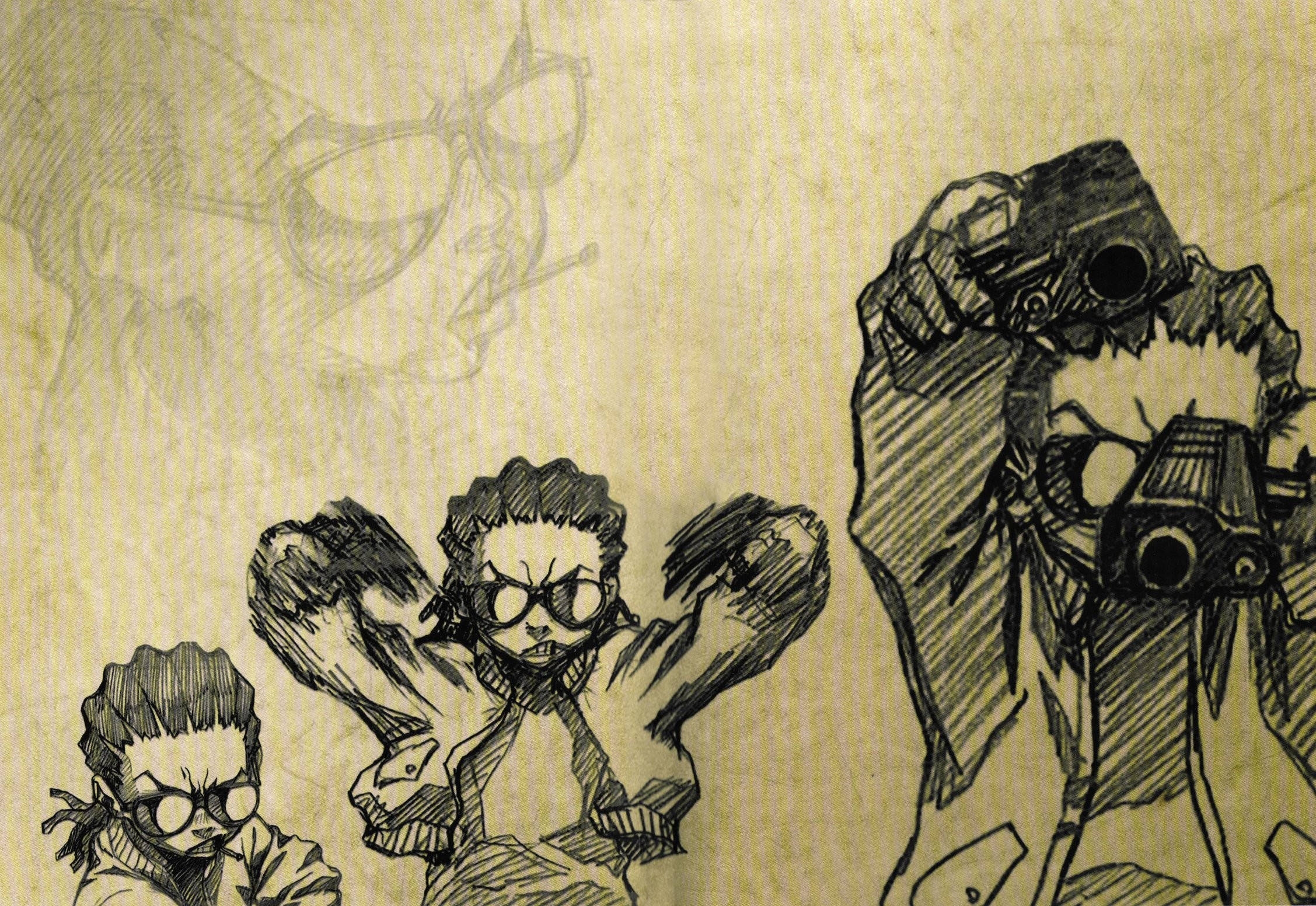 Boondocks 桌布 壁紙 — 三個戴眼鏡和相機的風格化卡通人物，用素描風格的黑色墨水畫在有紋理的米色紙上。