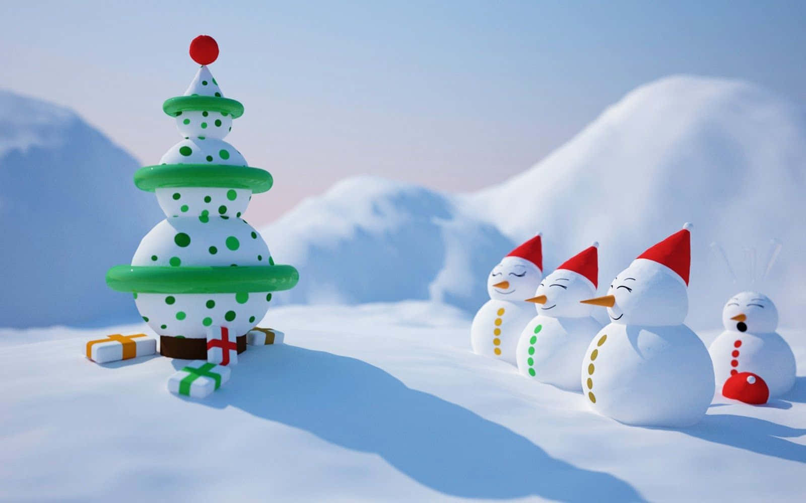 聖誕樹動畫 桌布 壁紙 — 三個戴紅帽的快樂雪人聚集在一個風格化的綠色和白色聖誕樹附近，樹下有禮物，背景是明亮的雪景。