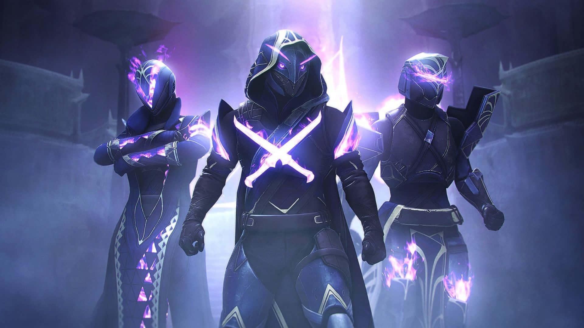Best Destiny 2 桌布 壁紙 — 三個戴著兜帽的裝甲身影在迷霧籠罩的黑暗房間中散發著紫色能量。