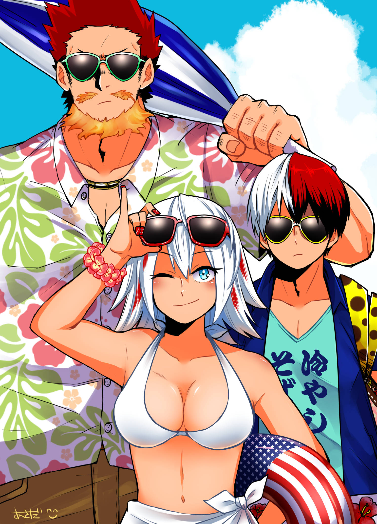 todoroki family 桌布 壁紙 — 三個戴著太陽眼鏡、穿著夏日服裝的動漫角色，在藍天白雲下自信地擺姿勢。