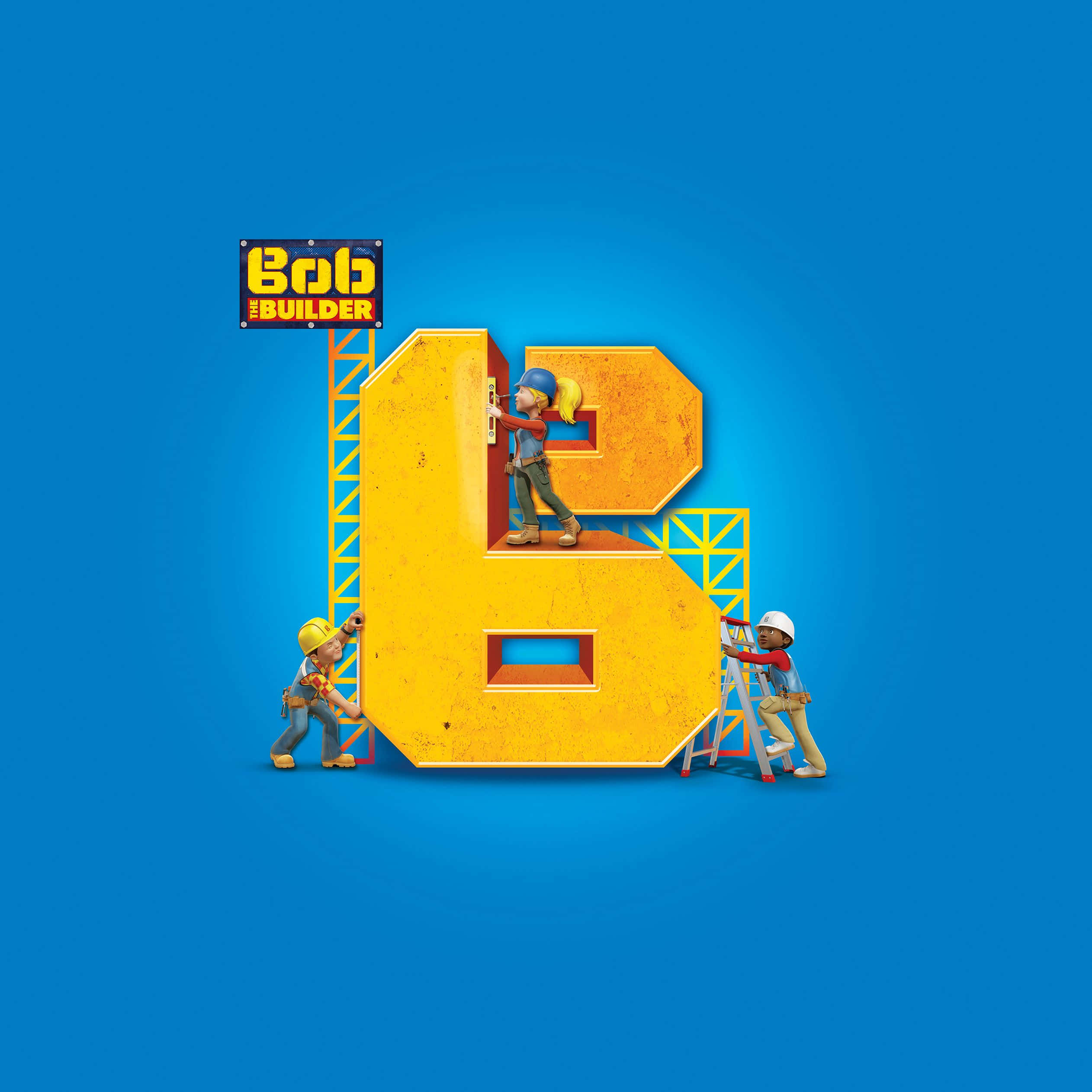 pbs kids 桌布 壁紙 — 三個戴著安全帽的動畫建築工人，在純藍色背景上組裝一個巨大的黃色字母B。