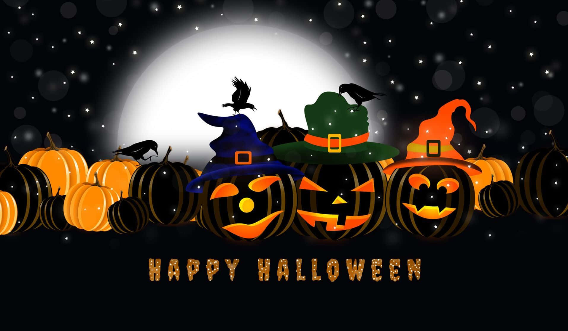 Halloween Party 桌布 壁紙 — 三個戴著巫婆帽的南瓜燈，頂上棲息著烏鴉，在滿月下閃耀，背景是繁星點點的夜空。