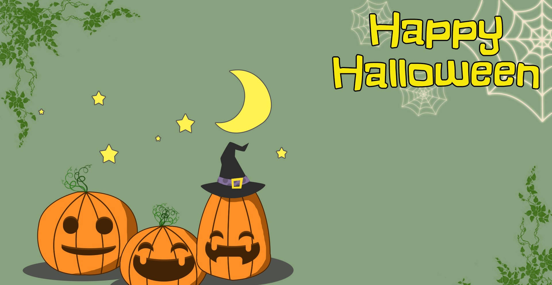 Happy Halloween 桌布 壁紙 — 三個戴著巫師帽、笑臉的卡通南瓜，在彎月和星星下。