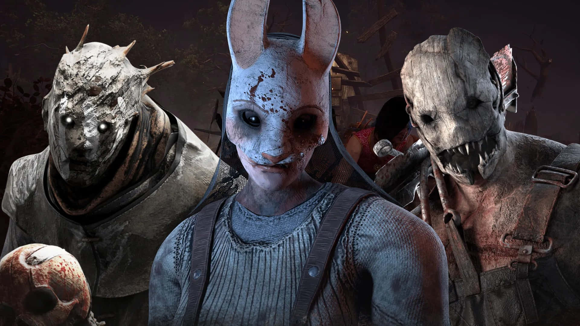Dead By Daylight Killers 桌布 壁紙 — 三個戴著怪誕面具、皮膚腐爛、牙齒鋒利的人物，在陰暗詭異的環境中威嚇地站立。