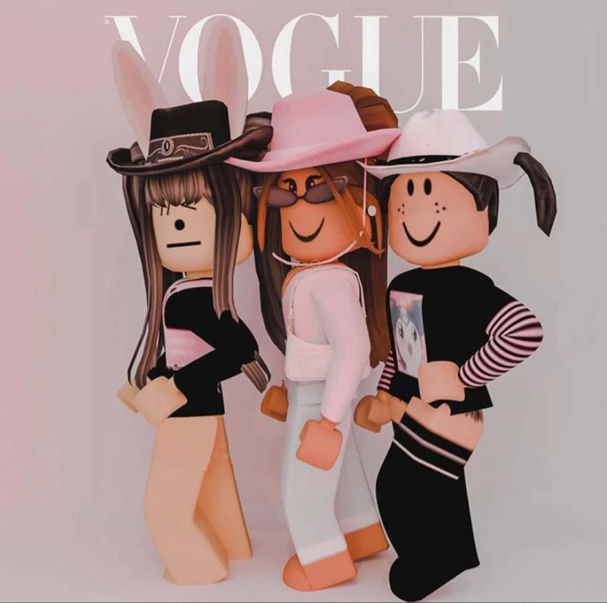 Roblox Bff 桌布 壁紙 — 三個戴著牛仔帽的 Roblox 頭像在 Vogue 雜誌背景前自信地擺姿勢，帶有柔和粉紅燈光。