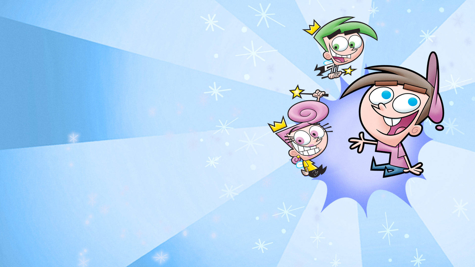 The Fairly Oddparents 桌布 壁紙 — 三個戴著皇冠和星爆的卡通仙子，在明亮的藍色放射背景上快樂地飛翔。