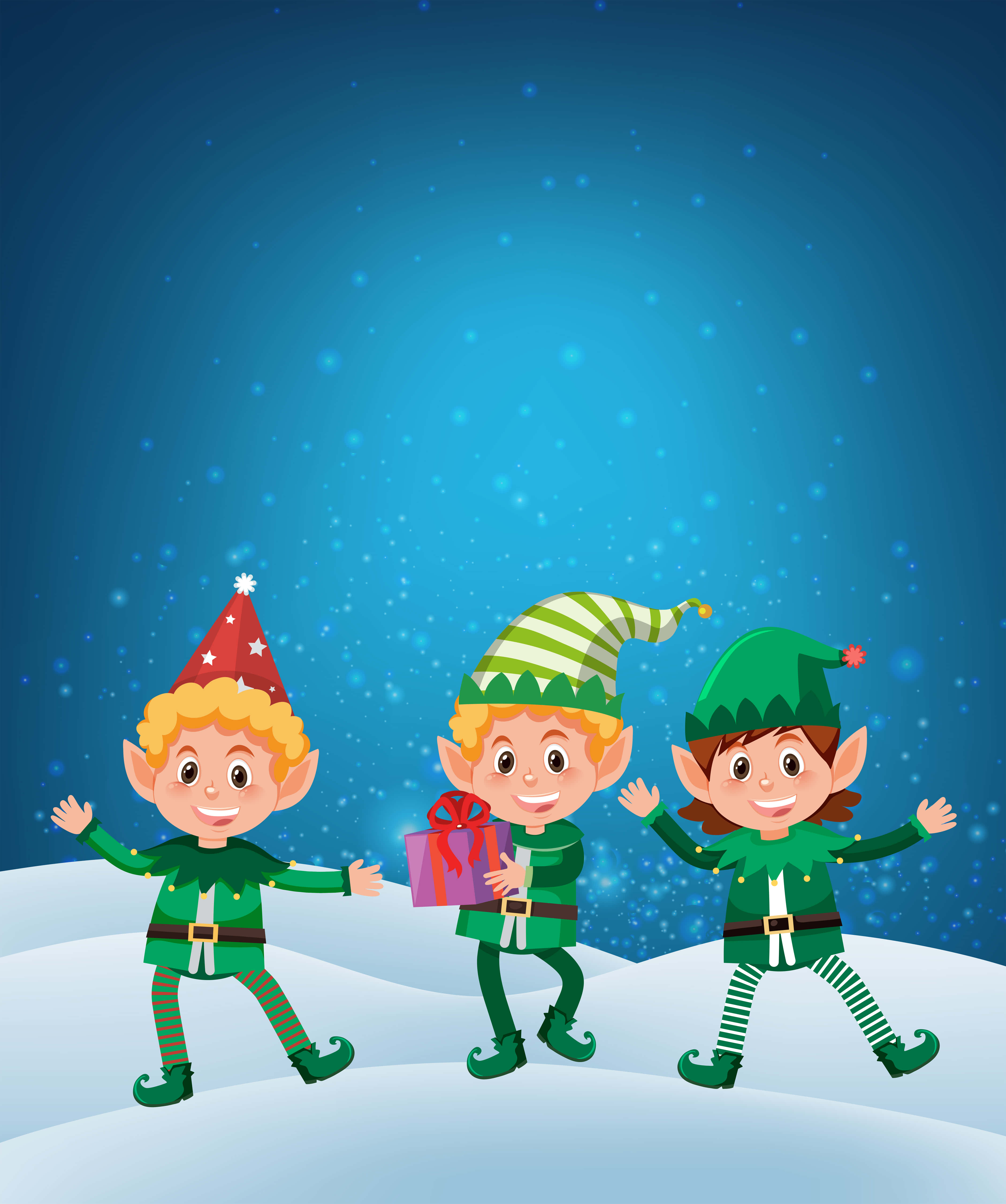 Christmas Elf 桌布 壁紙 — 三個戴著節日帽子的快樂卡通精靈在星空藍天下雪地上跳舞。