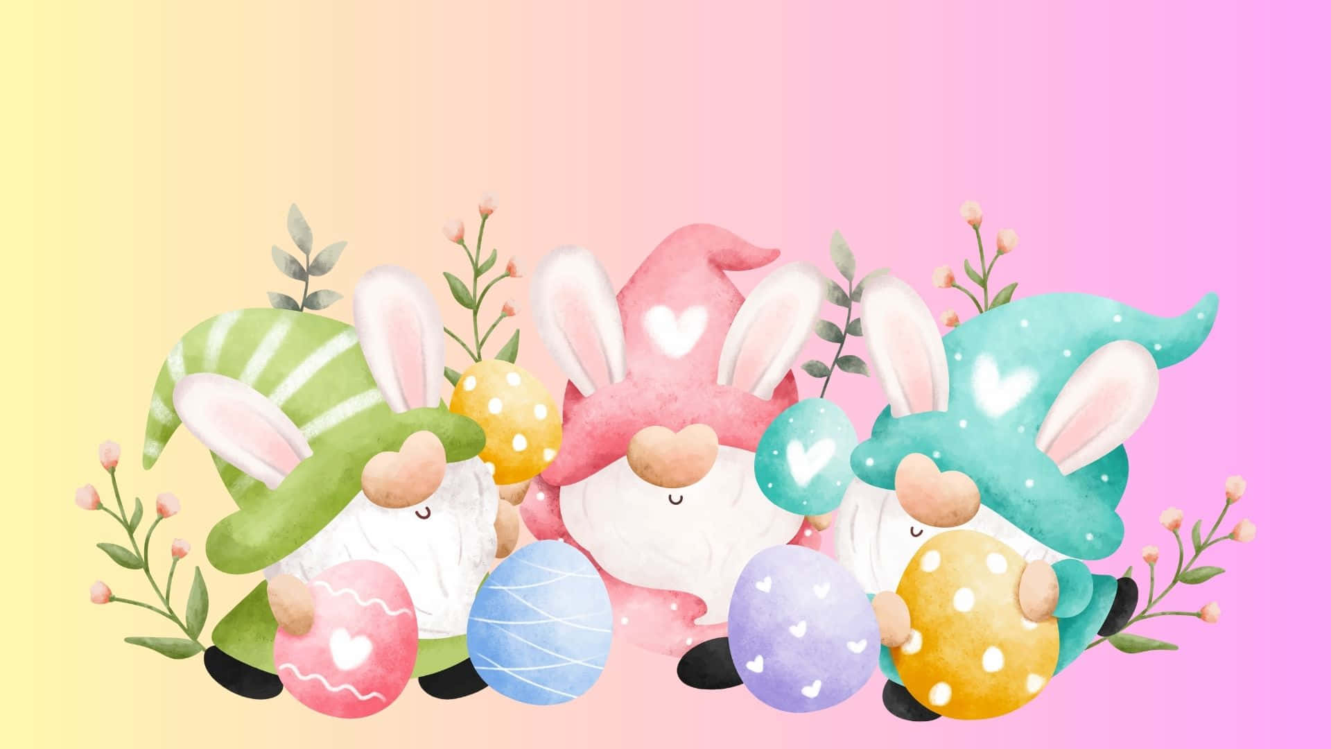 Easter Bunny 桌布 壁紙 — 三個戴著粉彩帽子的可愛兔仔地精，在柔和的花枝間，於漸變背景前拿著色彩繽紛的復活蛋。