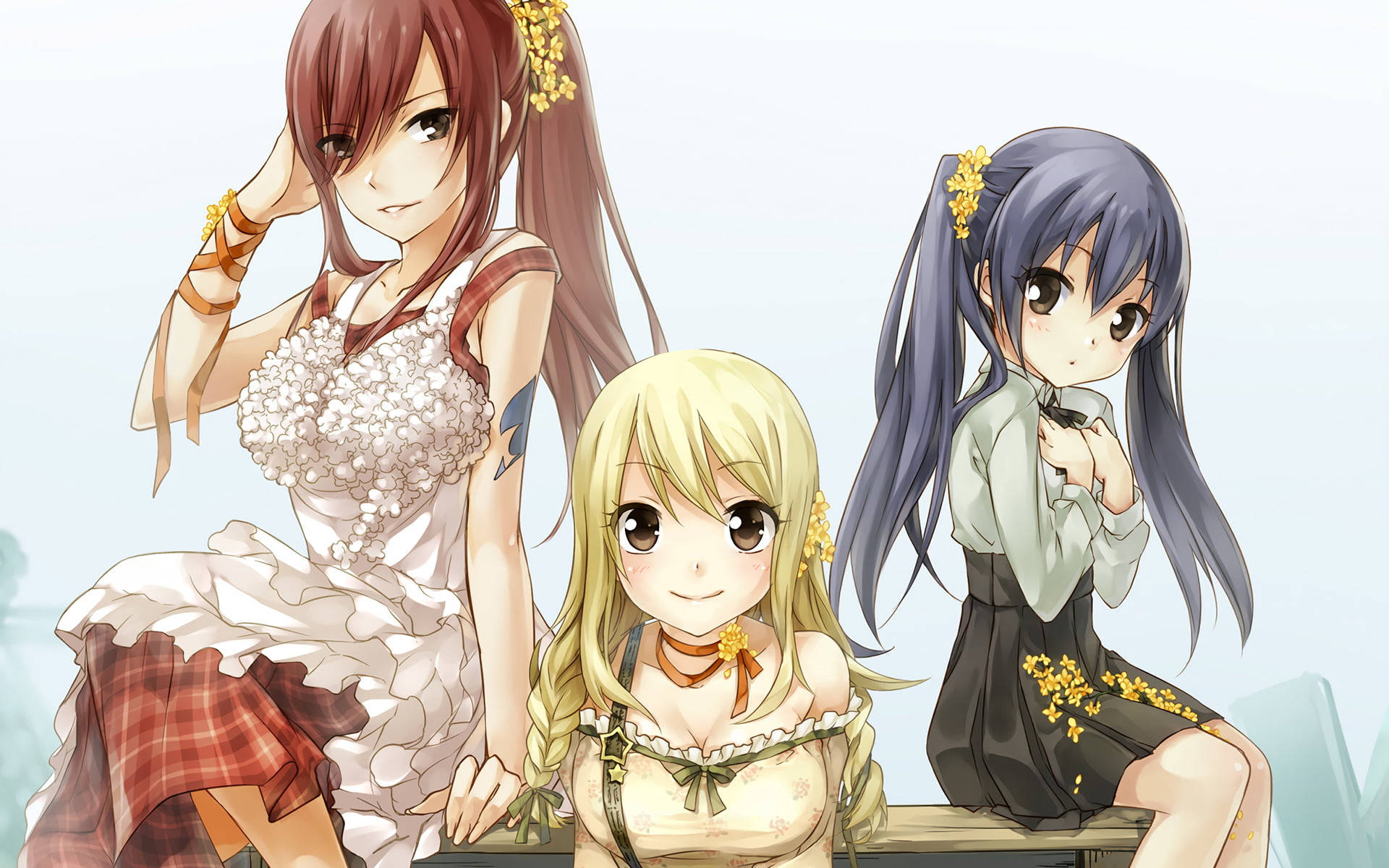 Fairy Tail Characters 桌布 壁紙 — 三個戴著花卉髮飾的動漫女孩一起坐在長椅上，背景是柔和的粉彩。