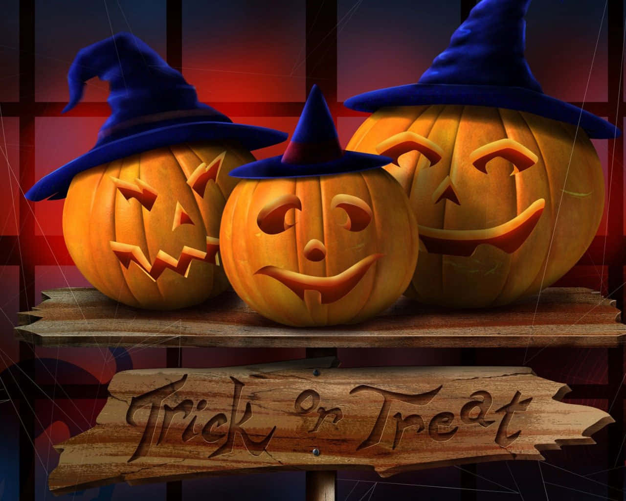 Trick Or Treat 桌布 壁紙 — 三個戴著藍色巫婆帽的雕刻南瓜燈坐在一個寫著「Trick or Treat」的木牌上，背景是帶有蜘蛛網的深紅色。