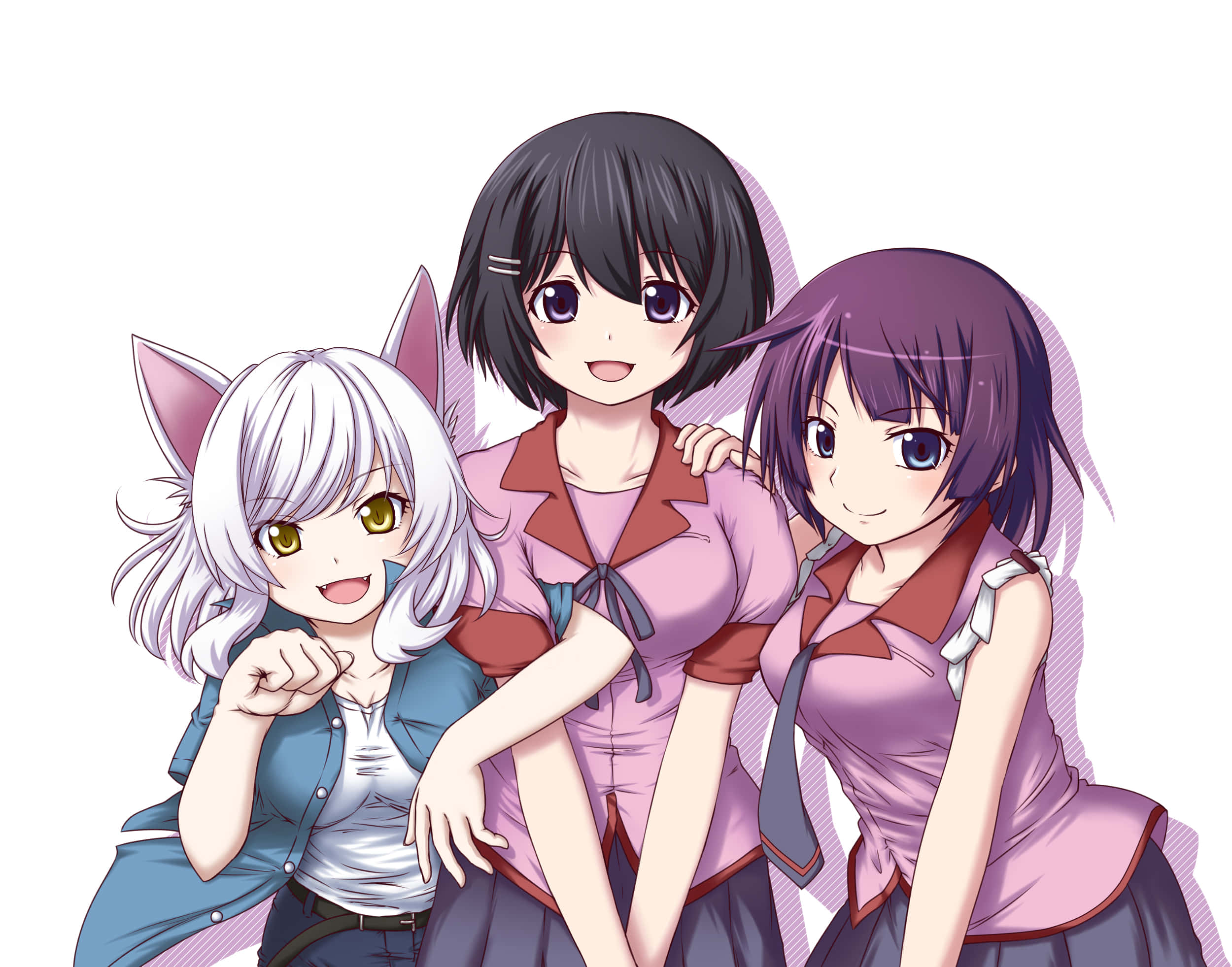 物語 桌布 壁紙 — 三個戴著貓耳、穿著校服的開心動畫女孩在純白背景前一起擺姿勢。
