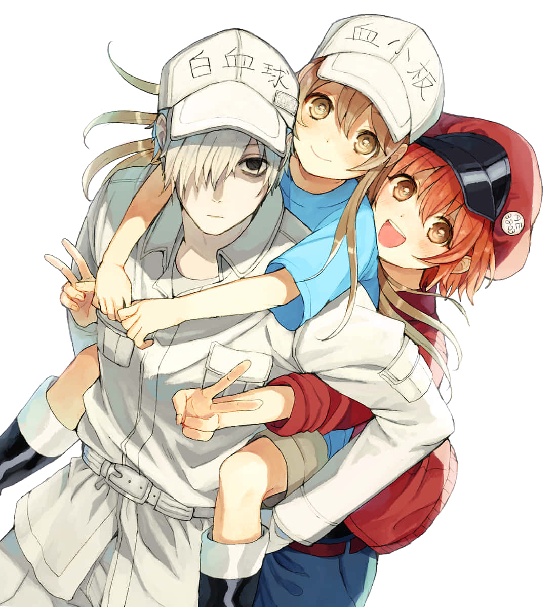 Cells At Work 桌布 壁紙 — 三個戴著醫療帽的動漫角色在純白色背景前擠在一起，表情愉快。