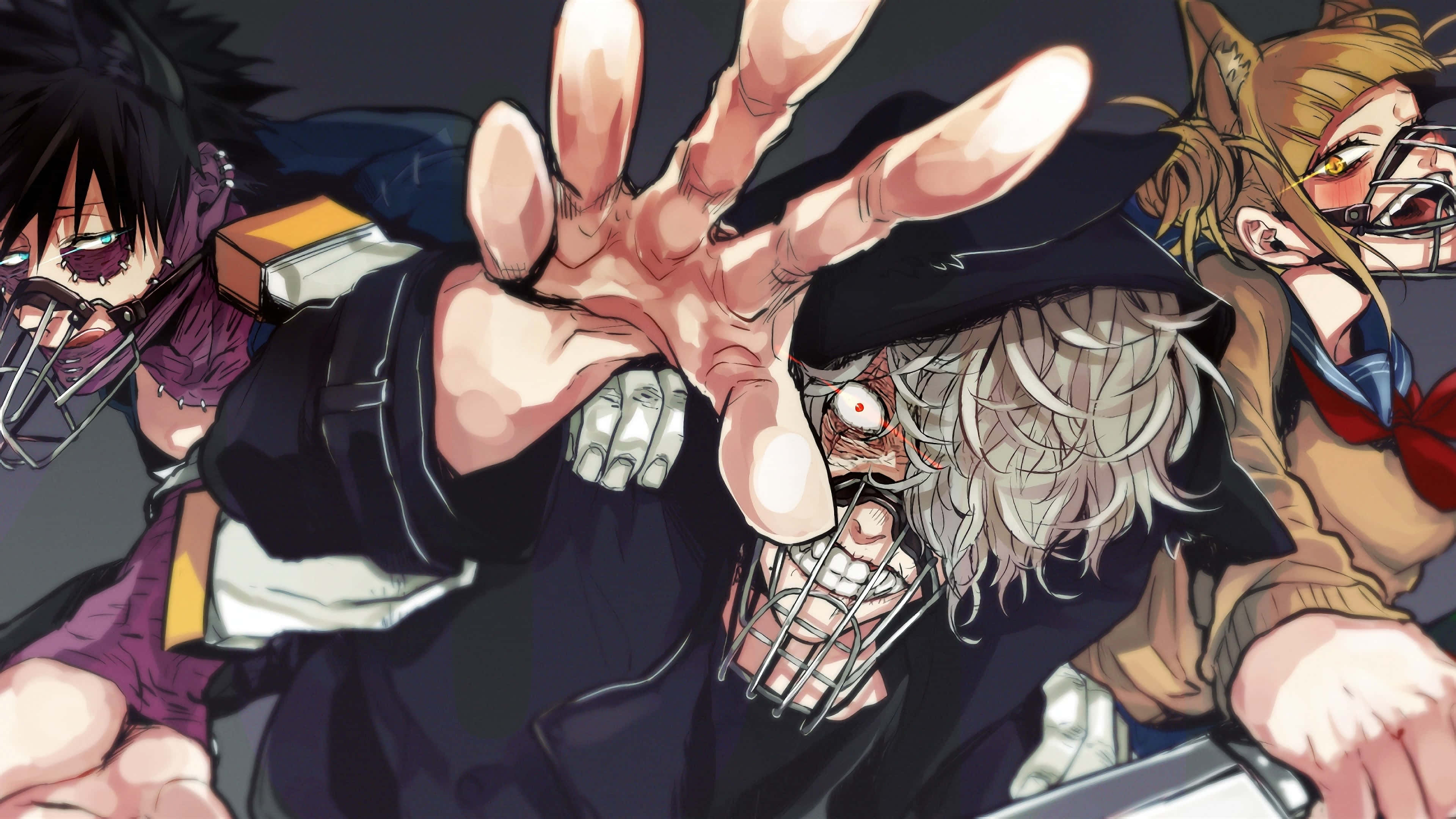 Tomura Shigaraki 桌布 壁紙 — 三個戴著金屬面具的動漫角色，帶著強烈的表情，在戲劇性的燈光和動態姿勢下向前衝。