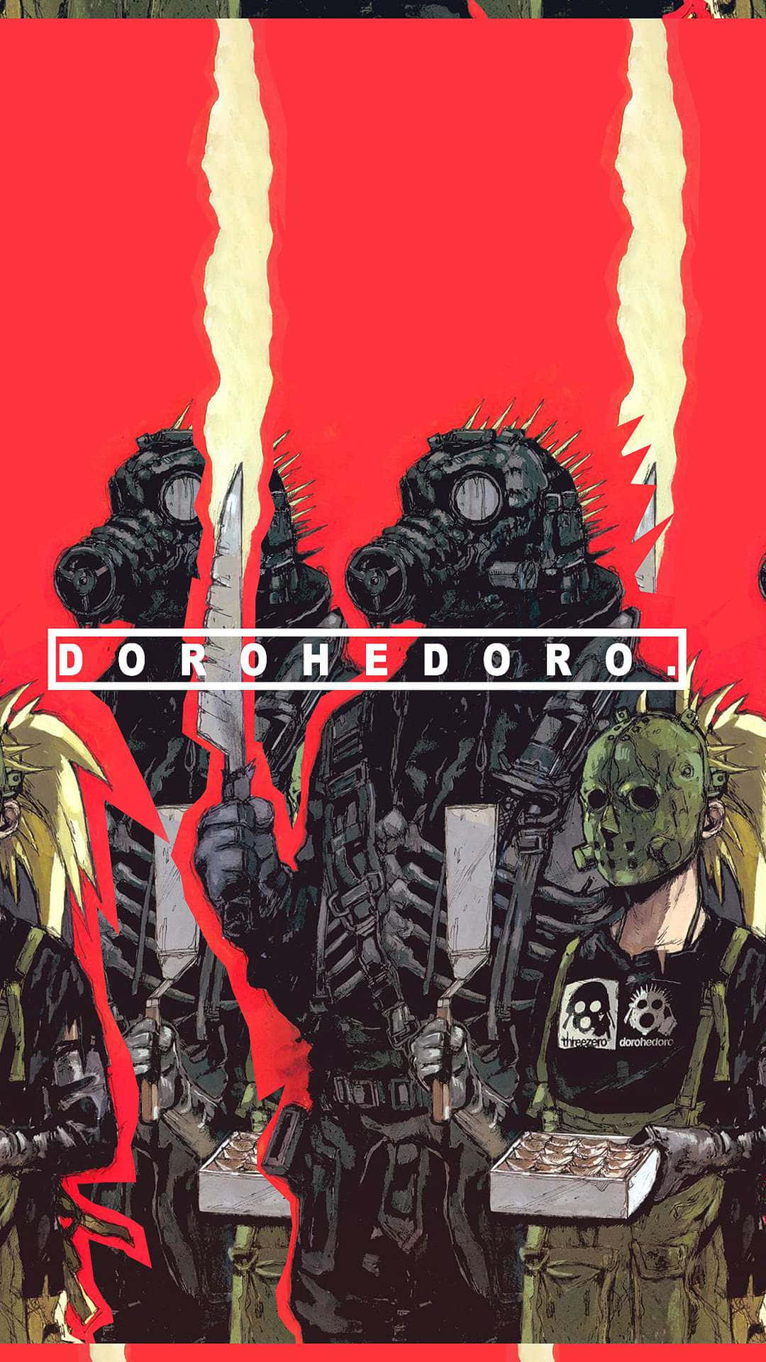 dorohedoro 桌布 壁紙 — 三個戴著防毒面具的裝甲人物站在鮮紅色背景前，背景有黃色閃電。