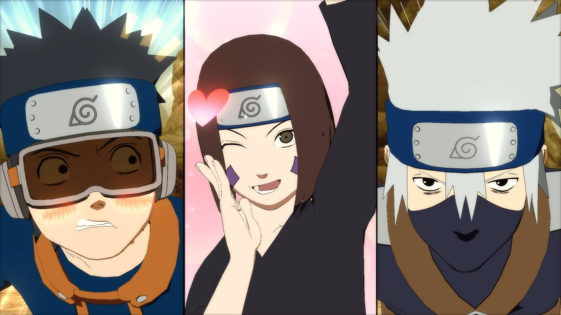Hatake 桌布 壁紙 — 三個戴著頭帶的動漫忍者角色在充滿活力的發光背景前微笑擺姿勢。