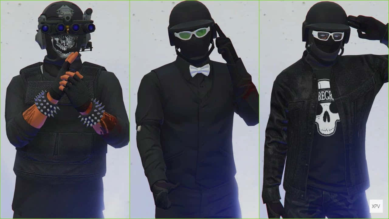 Gta Tryhard 桌布 壁紙 — 三個戴面具的人物身穿戰術裝備，在雪景背景下以發光護目鏡和骷髏圖案敬禮。