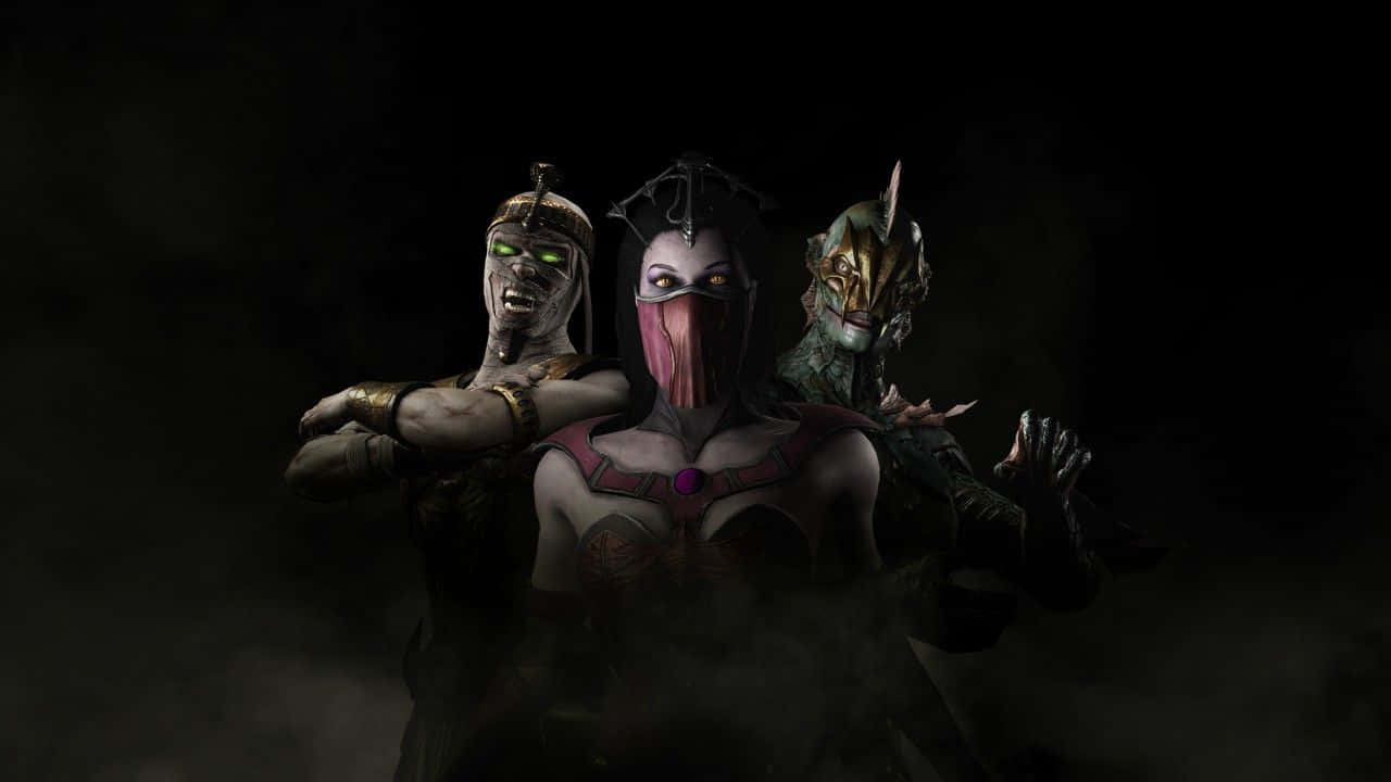 Mortal Kombat Ermac 桌布 壁紙 — 三個戴面具的威脅戰士站在黑色背景前的黑暗煙霧中，眼睛發光，身穿華麗盔甲。