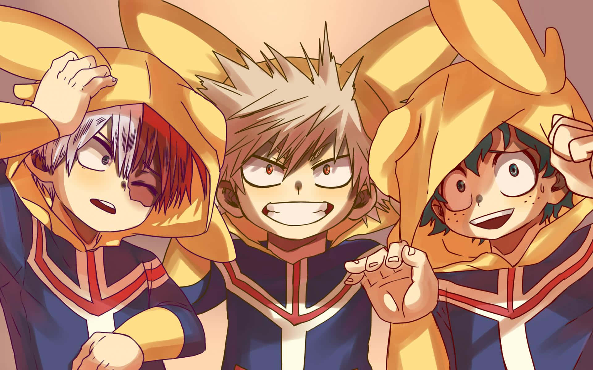 Bakugo 桌布 壁紙 — 三個戴黃色連帽衫的動漫英雄以動態姿勢和大膽表情向觀眾兇狠地咧嘴笑。