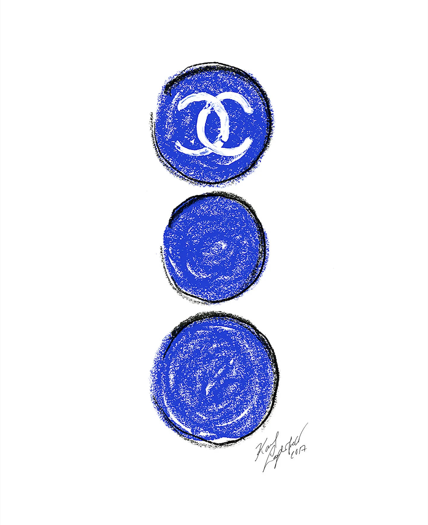 Chanel 桌布 壁紙 — 三個手繪藍色圓圈，上面有白色 Chanel 標誌，背景為純白色。