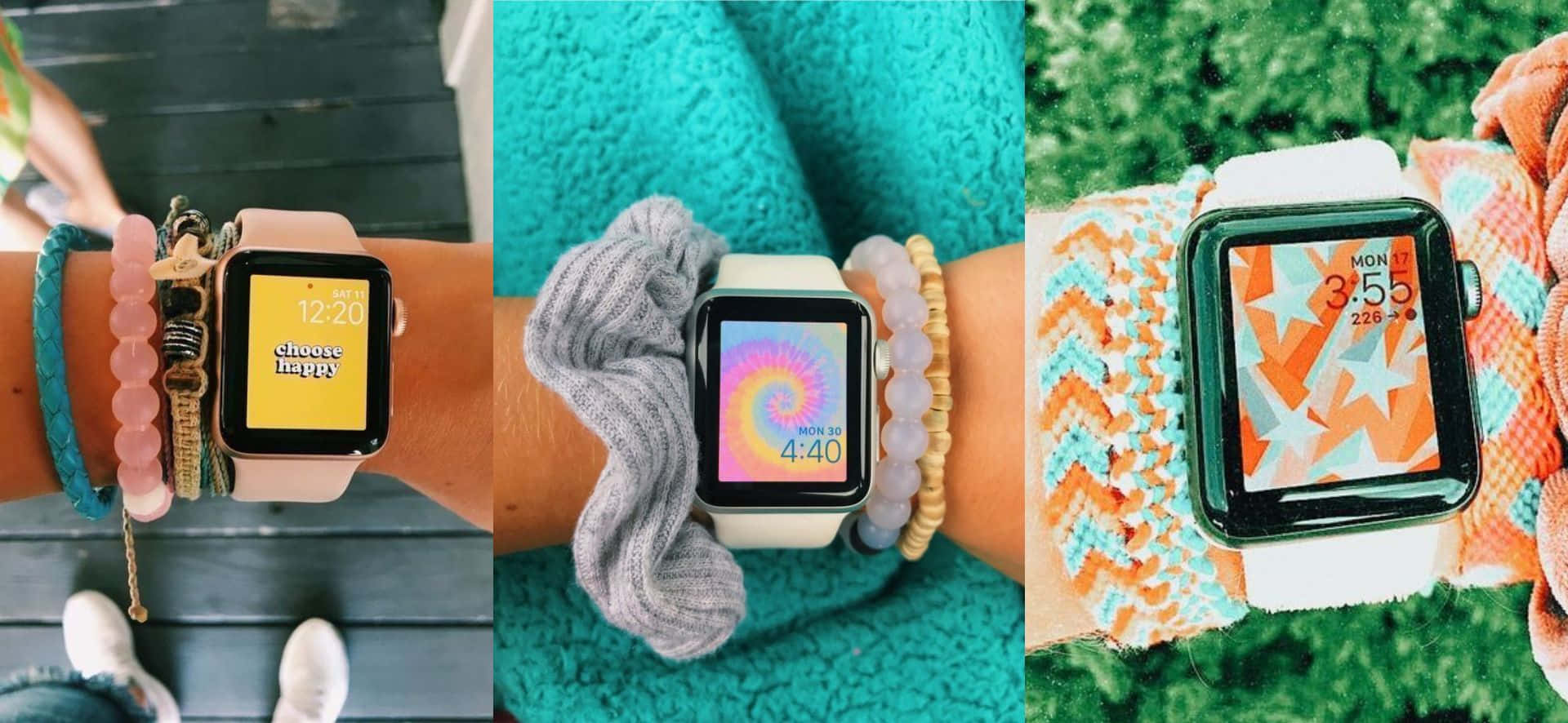 手腕上的三個智慧手錶，配備彩色螢幕和各種手環。 — Apple Watch 動態 壁紙