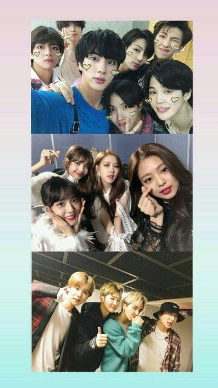 BTS 和 BLACKPINK 桌布 壁紙 — 三個拼貼面板展示K-pop偶像在柔和粉彩背景前，以心形濾鏡和燦爛笑容俏皮擺姿勢。