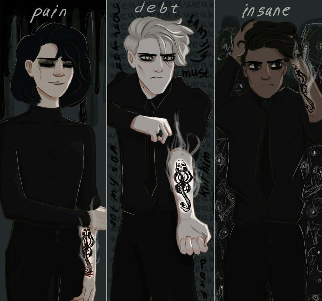 Death Eaters 桌布 壁紙 — 三個插圖人物穿著深色服裝，每個標有痛苦、債務、瘋狂，帶有紋身蛇和痛苦的表情。