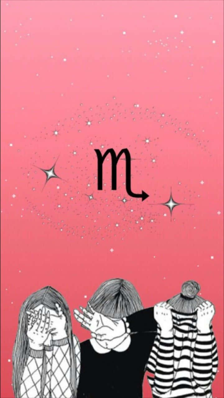 Scorpio 桌布 壁紙 — 三個插圖人物遮住眼睛，對著閃爍的粉紅色天空，上面有黑色天蠍座符號。