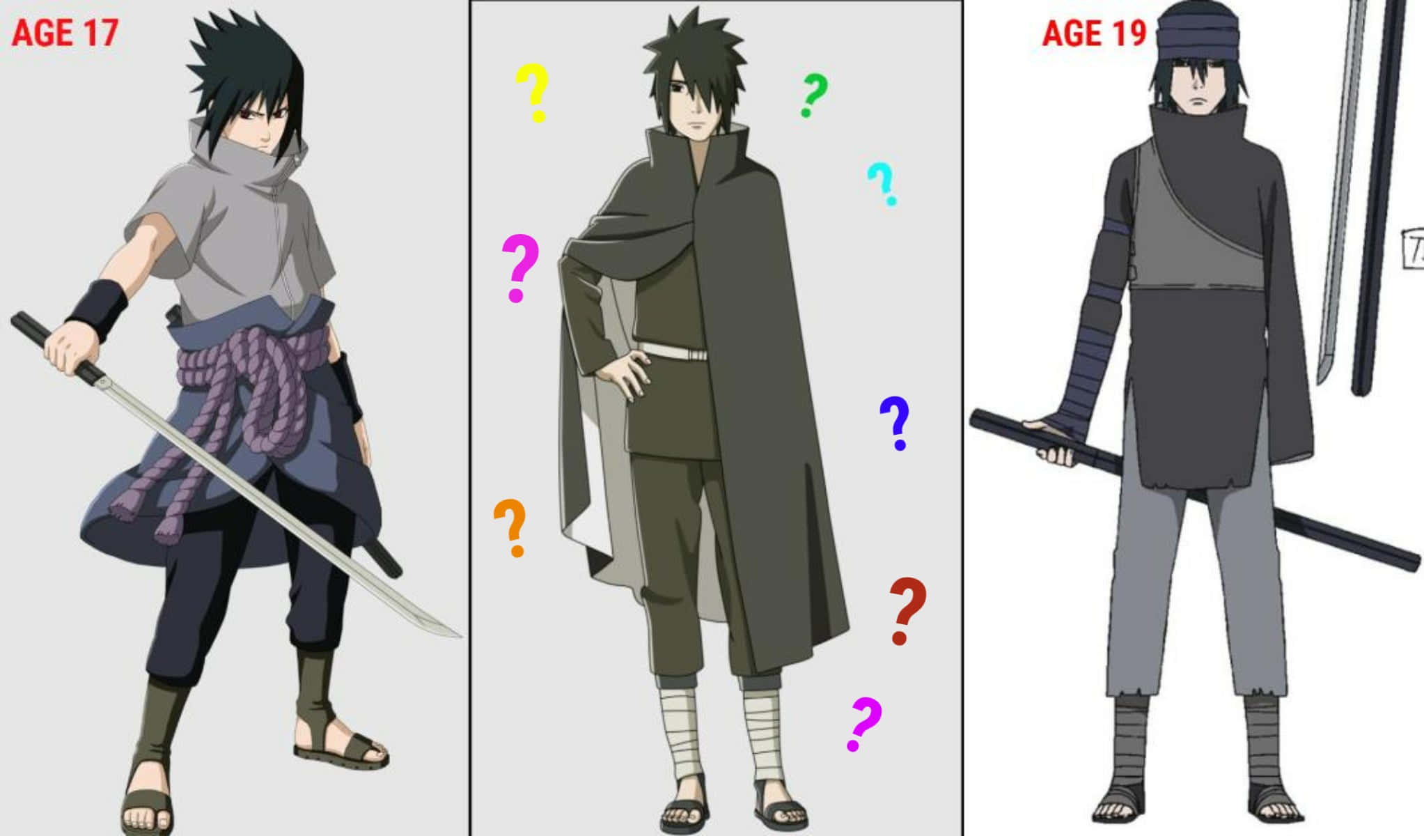Sasuke 桌布 壁紙 — 三個插圖動漫角色，標示年齡17和19，中間角色周圍有問號，顯示服裝和武器的成長。