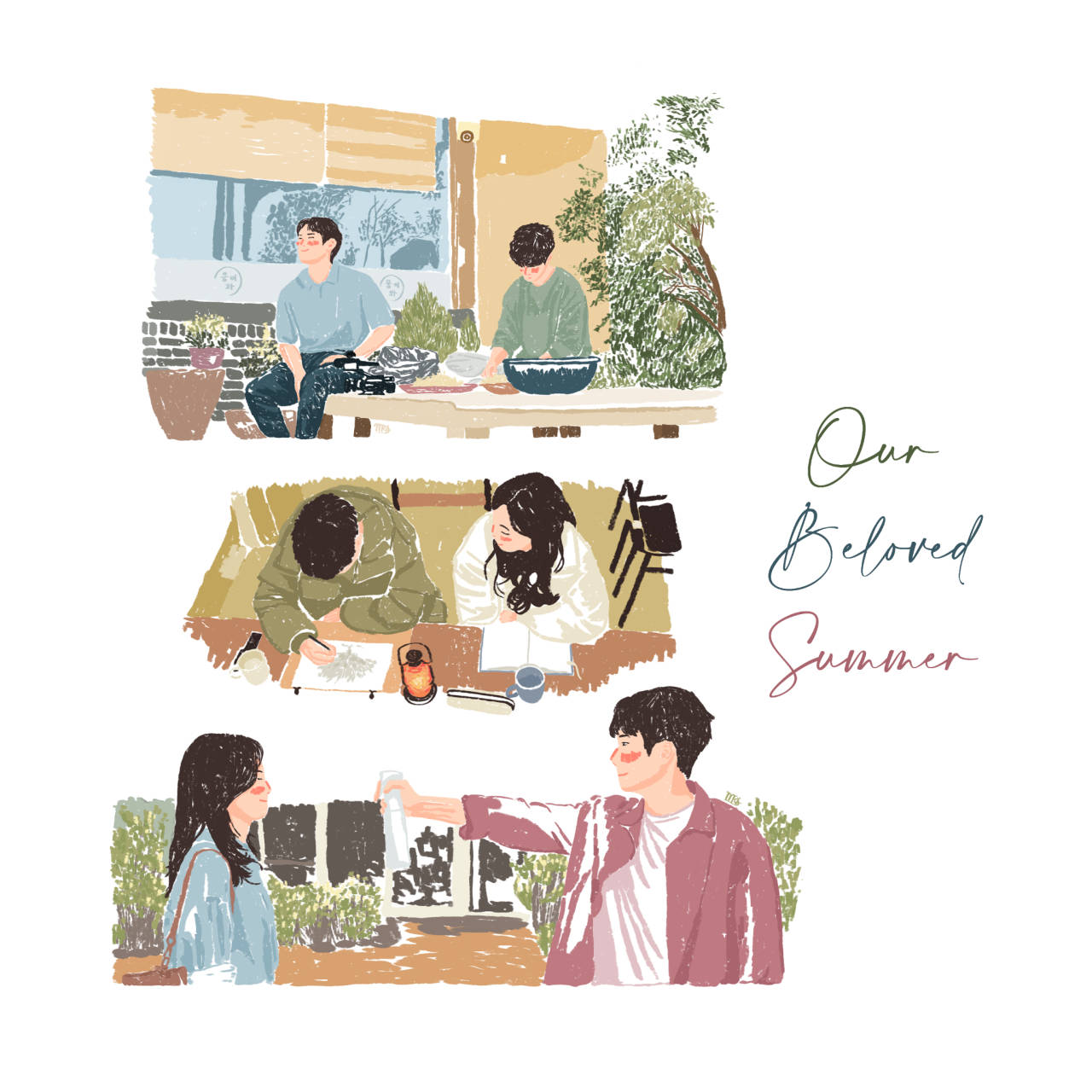Beloved 桌布 壁紙 — 三個插圖場景展示人們在舒適的戶外環境中一起享受夏季活動，例如烹飪、繪畫和飲酒。